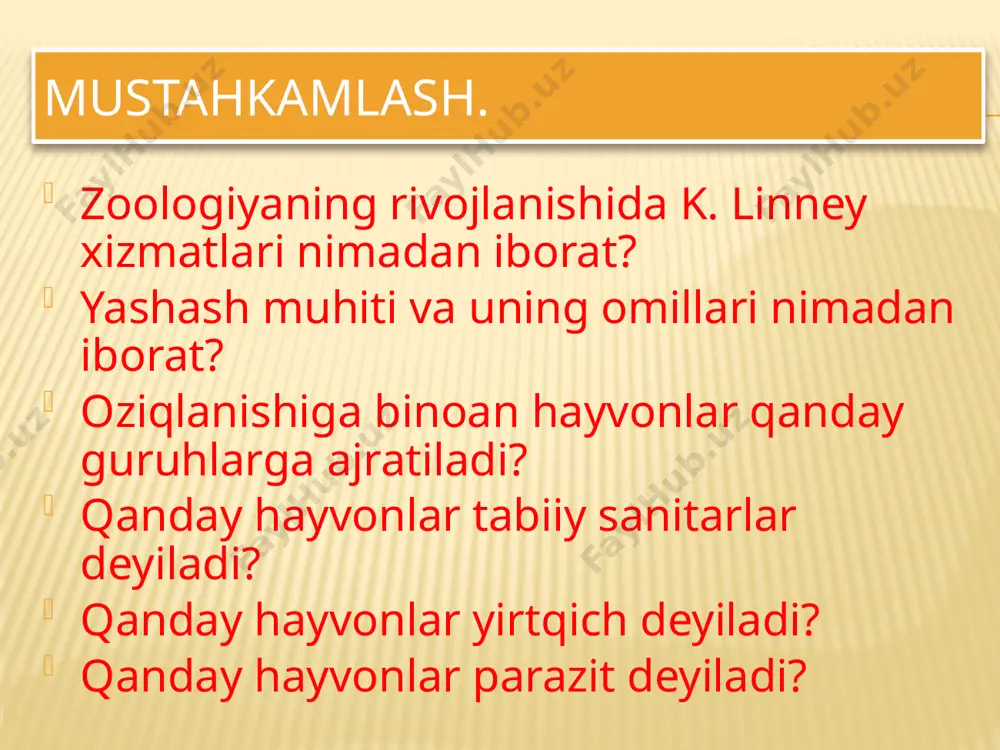 r, epiteliy, organlar sistemasi, biriktiruvchi to‘qima, klassifikatsiya, muskul to‘qimasi, umurtqalilar, nerv to‘qimasi, umurtqasizlar. oddiy amyobaning mikroskopda ko‘rinishi 1 soxta oyoqlar; 2 — sitoplazma; 3 — hazm vakuolasi; 4 — yadro; 5 — qisqaruvchi vakuola;6 — qamrab olinayotgan oziq mustahkamlash. amyoba hujayrasi qanday tuzilgan? amyobaning soxta oyoqlari qanday hosil bo‘ladi? amyoba qanday oziqlanadi? qisqaruvchi vakuola qanday vazifa bajaradi? amyobaning ta’sirlanishi qanday sodir bo‘ladi? amyoba qanday ko‘payadi? soxta oyoqlilar qanday ahamiyatga ega? nima uchun amyoba hujayrasidan ortiqcha suv chiqarib turilishi zarur? mustahkamlash. soxta oyoqlilarning harakatlanish organlari: sitoplazmaning muvaqqat o‘simtalari; hujayra membranasidan hosil bo‘ladi; d) soxta oyoqlar va kipriklardan iborat. amyobaning oziqni qamrab oladigan organoidi: hazm qilish vakuolasi; hujayra membranasi; d) soxta oyoqlar. topshiriq. organoidlarni ular bajaradigan vazifasi bilan juftlab yo-ing: soxta oyoqlar; 1) ortiqcha suvni chiqarish; qisqaruvchi vakuola; 2) hujayrani himoya qilish; hazm vakuolasi; 3) oziqni hazm qilish; hujayra po‘sti. 4) harakatlanish. lug`at daftaringizga yozib oling. bir hujayralilar, soxta oyoq, soxta oyoqlilar, …