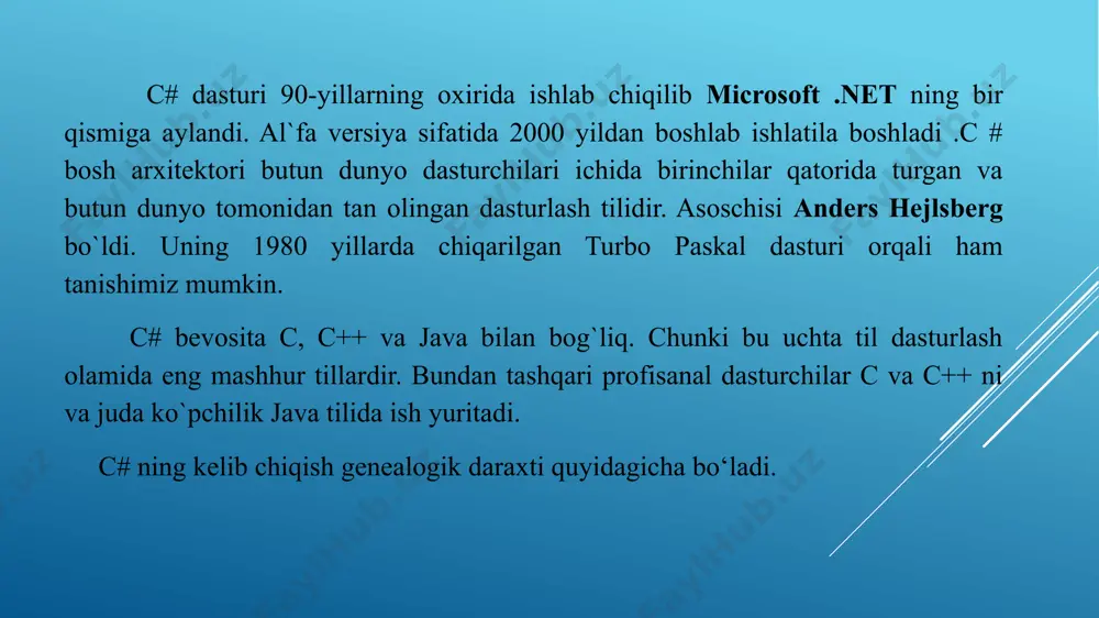 zda vs tomonidan shakllantirilgan bo‘lib u dasturchi tomonidan o‘zgartirilishi mumkin emas. consolda ishlatiladigan barcha komponentalar, ularning kodlari, parametrlar boshqa loyihalarda ham qo‘llanilishi mumkin. birinchi navbatda new->project- >visual c#->console application buyruqlar ketma ketligi bajarishi kerak va quyidagicha bo‘ladi. c# da tuzilgan har qanday dasturning hech bo’lmaganda birta sinfida main metodi bo’lshi shart va unga public yoki static modifikatorlari qo’yilgan bo’lishi kerak. komplyator uchun main metodining qaysi sinfda yozilganligi ahamiyatsiz, bu metod yozilgan sinf komplyatsiya tartibiga hech qanday ta’sir ko’rsatmaydi. c# tili shunday aqlliki, o’zi avtomatik tarzda main metodini izlab topadi va u dastur natijasining ekranga chiqishini ta’minlaydi(dastur bajarilishini ham). shunday qilib siz main metodini istalgan sinfga joylashtirishingiz mumkin, lekin buning uchun alohida sinf yaratish tavsiya etiladi. metod – bu operatorlar bloki deb nomlanuvchi operatorlar ketma-ketligi ko’rinishidagi amallarni bajaruvchi dastur qismidir. metod tanasi bir juft katta qavs ichiga joylashgan bir nechta operatorlardan iborat bo’ladi. birinchi dasturimizda main nomli yagona metodni e’lon qilamiz. …