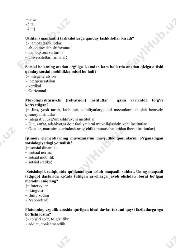 ma? {~ o’zaro hamjihatlik = odamlarning yonma-yon yashashlariga qaramay ular o’rtasidagi azaliy birlikning buzulishi ~ ma’lum elita guruhlarini boshqarishi ~ a va v javob to’g’ri} ijtimoiy mehnat taqsimoti” asari qaysi sotsiolog tomonidan yozilgan. {= e.dyurkgeym ~ t. parsons ~ p.sorokin ~ m. veber} tug’ilish ishlab chisarish, ekologiyaning sotsial jihatlarini o’z ichiga olgan dinamikani to’g’ri variantini toping {~maqom dinamikasi =reproduktiv dinamika ~ hududiy sotsial dinamika ~ ma'naviy hayot dinamikasi} mehnat jamoasi – {= bu o’zaro hamfikr bo’lgan, g’oyaviy mushtaraklik ustun bo’lgan odamlarning manfaatli birlashuvidir ~ o’zaro shaxsiy aloqalar ~ millatlararo va foqarolararo totuvlik ~ aholining ijtimoiy-iqtisodiy manfaatlarida birlashuvi} mehnat jarayoni nechta jarayonni o’z ichiga oladi? {~ ishlab chiqarish, fan ~ mehnat, mehnat sharoitlari = insonning foydali faoliyati, mehnat mavzusi, ishlab chiqarish qurollari ~ ishlab chiqarish qurollari} aholi ko’chishlari sur'ati va miqdorining sotsial jihatlari, katta shaharlarning vujudga kelishi bilan paydo bo‘lgan muammolar, ishlab chiqarishning joylashtirilishi sotsial dinamikaning qaysi sohasiga kiradi? {= hududiy …