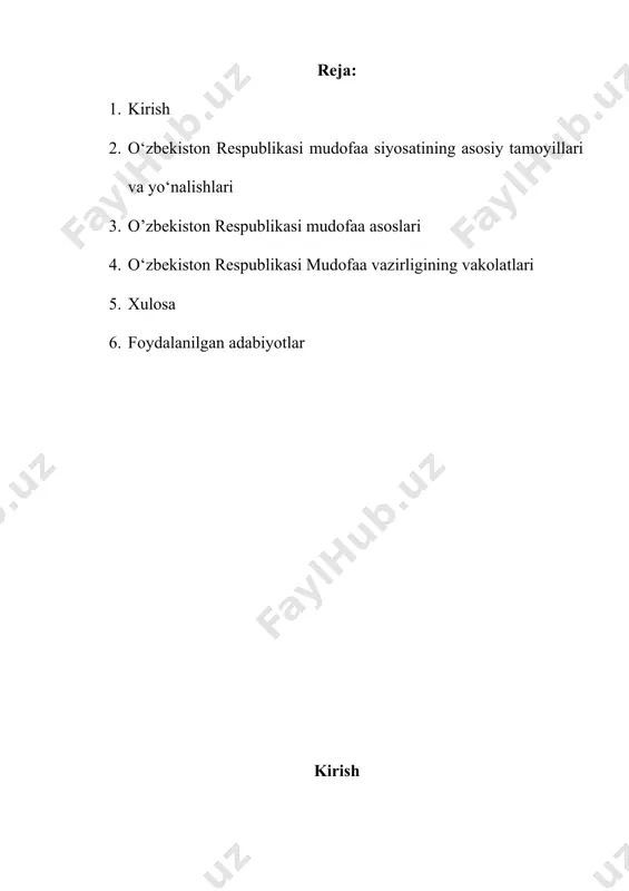lantirish; o‘zbekiston respublikasi qurolli kuchlarining qurol-yarog‘, harbiy texnika, harbiy-texnik va kiyim-kechak jihozlari, oziq-ovqatning ayrim turlari, maxsus jihozlar va harbiy va ikki maqsadda foydalaniladigan boshqa moddiy-texnik vositalari bilan jihozlanishini va ta‘minlanishini tashkil etish; o‘zbekiston respublikasi mudofaa siyosatining asosiy tamoyillari va yo‘nalishlari mustaqillik yillarida mamlakatimiz xavfsizligi va barqarorligi, uning sarhadlari dahlsizligini ta’minlash bo‘yicha taktik va strategik vazifalarni samarali hal etishga qodir bo‘lgan, zamonaviy, harakatchan, har tomonlama yaxshi qurollangan armiyani tashkil etish bo‘yicha o‘zining ko‘lami va miqyosiga ko‘ra ulkan ishlar tizimli va bosqichma-bosqich ravishda amalga oshirildi. 2018 yilning 9 yanvarida — o‘zbekiston respublikasining yangi tahrirdagi mudofaa doktrinasini qabul qilish orqali mamlakat mudofaa siyosatining shaffofligini ta’minlash ko‘zda tutilgan. 2017-2021 yillar uchun harakatlar strategiyasi dasturida belgilangan vazifalarni amalga oshirish maqsadida qabul qilingan ushbu doktrinada mamlakatimizning harbiy qurilishi va qurolli kuchlarni rivojlantirish masalalari bo‘yicha asosiy yo‘nalish va zamonaviy yondashuvlar aks ettirilgan. mudofaa doktrinasi, xavfsizlik va mudofaa sohasida boshqa chet davlatlar bilan samarali harbiy-siyosiy munosabatlar va hamkorlik …