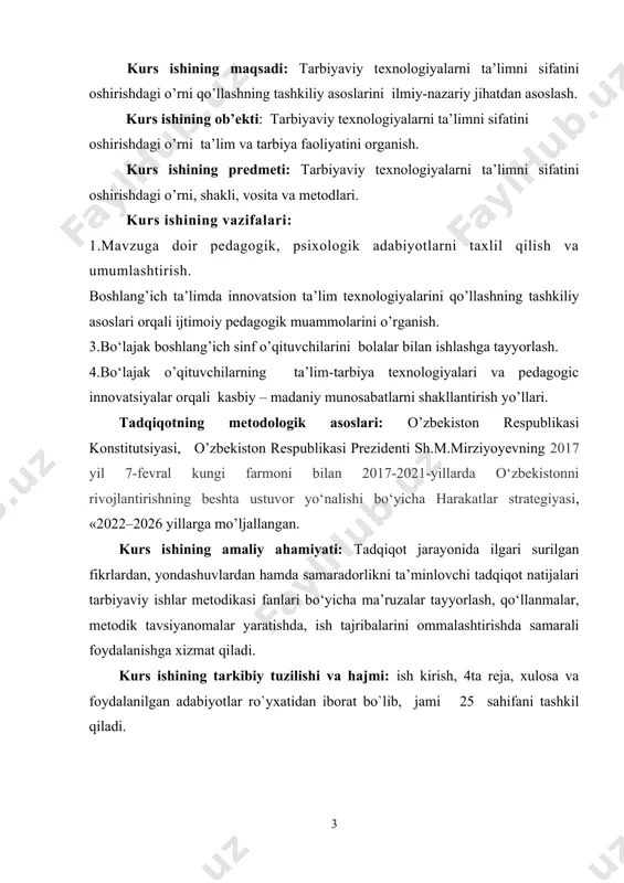 i: ish kirish, 4ta reja, xulosa va foydalanilgan adabiyotlar ro`yxatidan iborat bo`lib, jami 25 sahifani tashkil qiladi. 1. ta’lim tarbiya jarayonini texnologiyalashtirishda o’qituvchi innovatsion faoliyatning dolzarbligi. tarbiya tushunchasi o’sib kelayotgan avlodda hosil qilingan bilimlar asosida aqliy kamolot dunyoqarashni, insoniy e’tiqod, burch va ma‘suliyatni, jamiyatimiz kishilariga xos bo’lgan axloqiy fazilatlarni yaratishdagi maqsadni ifodalaydi. shu ma‘noda tarbiya deb tarbiyachi o’zi hoxlagan sifatlarni tarbiyalanuvchilar ongiga singdirish uchun ularning ruiyatiga ma‘lum maqsadga ko’ra tizimli ta‘sir ko’rsatishga aytiladi. hozirgi zamon pedagogikasida tarbiya tarbiyachining tarbiyalanuvchi shaxsiga oddiy ta‘sir ko’rsatishi emas, balki tarbiyachilar va tarbiyalanuvchilarning aniq bir maqsadga qaratilgan, bir-biri bilan hamkorlikda qiladigan munosabatlari va o’zaro ta‘sir ko’rsatishi ekanligi alohida ta‘kidlanadi. tarbiya jarayonida kishining turli qobiliyatlari rivojlanadi, goyaviy, axloqiy, estetik xislatlari shakllanadi, tabiatga, jamiyatga ilmiy qarashlar tizimi tarkib topadi, jismoniy kuch-quvvatlari mustahkamlanadi. bola kattalarning tajribalarini sust holda emas, balki faol ravishda o’zlashtiradi: bu o’zlashtirishda uning ongli harakati, tirishqoqligi katta ahamiyatga ega bo’ladi.tarbiyalanuvchilar muayyan darajada faol faoliyat ko’rsatmasalar …