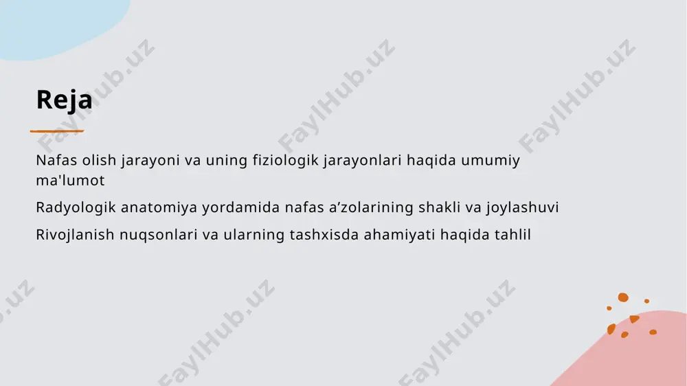 aro almashinuvi bo‘lib, kislorod qonni qoniqargan va karbon dioksidni chiqariladigan holga keltiradi, bu esa hayot uchun zarur. qon va gazlar o‘rtasidagi muvozanat to‘g‘ri qon aylanishi va gaz almashinuvi sog‘lom nafas olish uchun asosiy omil hisoblanadi. bu jarayonlar yurak va o‘pkalar tizimining muvofiqligini talab qiladi. nafas olish jarayonining boshqarilishi va neyroregulyatsiya mexanizmlari 1 nerv sistemining roli nafas olish jarayoni markaziy nerv tizimi tomonidan boshqariladi. asosiy markazlar – miya va spinal cord, nafas ritmini va chuqurligini nazorat qiladi. 2 reflekslar va avtomatizm nafas olish reflekslari – jismoniy va kimyoviy stimullarga javob beradi. bu reflekslar yordamida nafas tartibi va tezligi avtomatik ravishda sozlanadi. 3 neyroregulyatsiya mexanizmlari asab tizimining neyroregulyatsiya mexanizmlari – nafas ritmini, gaz almashinuvi va qon bosimini muvofiqlashtiradi. bu jarayonlar sog‘lom nafas faoliyatini ta'minlaydi. 4 gipotalamus va nafas gipotalamus – emotsiyalar, stress va uyqu kabi holatlarni nazorat qiladigan markaz, nafas ritmiga ta'sir qiluvchi neyroregulyatsiya tizimida muhim rol o‘ynaydi. xulosa nafas olish jarayonining …