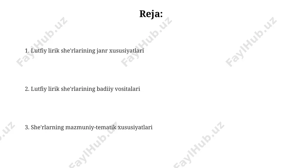 vaznlarining 5 ta turini kuzatish mumkin. lutfiyning 16-asrga oid gʻazallarida 7-8 misradan iborat tuzilmalar va oʻzbek xalq ogʻzaki ijodining 2-3 ta anʼanaviy obrazlarini uchratish mumkin. lutfiyning lirik she'rlarining janr xususiyatlari uning she'rlarida tasavvuf falsafasi bilan bog'liq 70 dan ortiq ramziy ifodalar uchraydi, ularning aksariyati samarqand va buxoro manzaralariga bog'liq metaforalardir. lutfiyning lirik she'rlarining o'ziga xos xususiyati 10 dan ortiq turli ohanglarda ifodalangan his-tuyg'ularning ravshanligi va chuqurligi hisoblanadi, bu esa uni boshqa shoirlardan ajratib turadi. lutfiyning 16-asrda buxoroda yozilgan lirik she'rlarida ғазал, ruboiy va qit’a janrlari ustunlik qiladi, ularning mazmuni asosan 2-3 bayt atrofida qurilgan. badiiy vositalar va obrazlar she’rlarda tasvirlangan manzaralar, masalan, samarqand va buxoro shaharlari, aniq va rang-barang bo‘lib, 5 dan ortiq hissiy ranglar bilan ifodalangan. lutfiyning she’rlarida 20 ga yaqin turli xil obrazlar uchrab, ularning aksariyati tabiat hodisalari va insoniy tuyg‘ular bilan bog‘liqdir, shuningdek, mifologik obrazlar ham ishlatilgan. lutfiyning lirik she’rlarida 30 dan ortiq turli xil badiiy vositalar, …