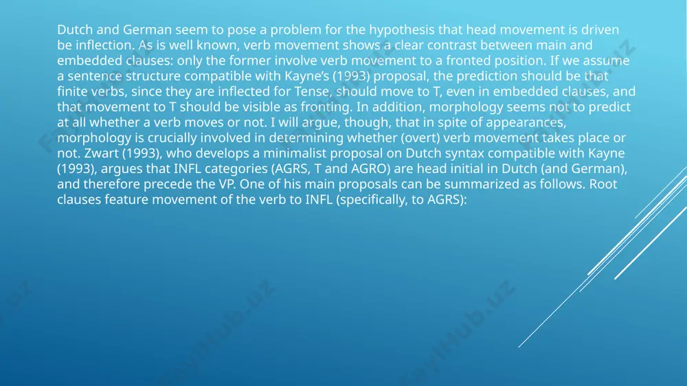 a focus phrase in clause initial position, we can assume that the content of this morpheme has something to do with topic/focus licensing. is there, then, overt morphological evidence for this morpheme? i think the answer is yes if we again look at subject clitics. like in the case of the complementizer, subject clitics show strong attachment to the verb when the verb is in comp. in colloquial dutch, for instance, subject clitics can trigger reduction (thus allomorphy) on some verbal forms:22 now, can it be argued that the presence of enclisis on the verb constitutes a morpheme that belongs in comp? in fact, neither the finite verb nor the clitics seem to be morphemes which are related to comp. my proposal is that the comp morpheme is neither in the finite verb nor in the clitic, but in enclisis itself. that enclisis can constitute a morpheme of itself should …