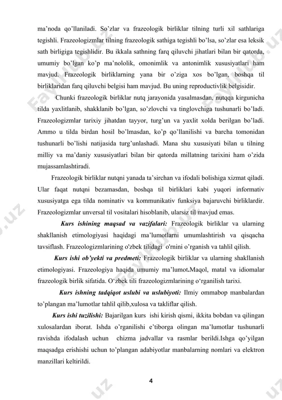 iborat bo‘lgan turg‘un birikmalarni o‘rganadi. frazeologiya tilshunoslikning alohida bir qismi bo‘lib shakllanganiga hali ko‘p vaqt bo‘lmagan bo‘lsa-da, uning kelib chiqish tarixi til taraqqiyotining ilk bosqichlariga borib taqaladi. ilmiy tadqiqotlardan ma‘lum bo‘lishicha, frazeologik birliklar til bilan birga paydo bo‘lib, til bilan birgalikda rivojlanib kelgan. ammo jamiyatning turli davrlarida ularning o‘rni va ahamiyati turlicha baholanadi. frazeologizmlar tuzilishi, leksik– semantik, funksional–uslubiy va sintaktik vazifalari, shuningdek, o‘ziga xos shakllanish xususiyatilariga ega bo‘lgan til birligidir. frazeologiya – tilshunoslikning biror tilga xos barqaror so‘z birikmalarni va iboralarni o’rganadigan bo’lim. frazeologiya atamasi xvi asrning ikkinchi yarmida ingliz adabiyotshunosi va tarjimoni neandr tamonidan birinchi bor qo’llanilgan. jahon tilshunosligida frazeologiyaning u yoki bu jihatlari nazariy va amaliy o’rganilib, uning turli jihatlariga bag’ishlangan monografik kuzatishlar, dissertatsiyalar, lug’atlar, ilmiy maqolalar yuzaga keldi. frazeologizmlarni o’rganishning xilma–xil metodlari ham shakllandi. bu esa tadqiqotlarni yanada jadallashtiradi, ularni ilmiy–amaliy va tizimli o’rganishga imkoniyat yaratadi. tilshunoslikda frazeologiya atamasi sharl balli tamonidan ishlatilib, stilistika fani bilan qo’shib …
