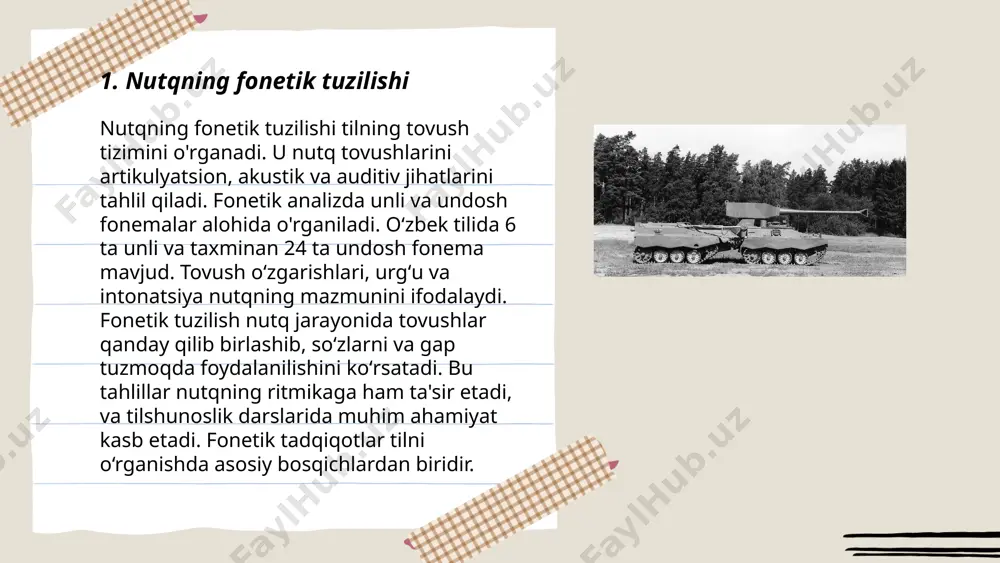 “o‘qituvchi” (o‘qituv-chi) va “-lik” qo‘shimchasi bilan sifatdan ot yasash: “do‘stlik” (do‘st-lik). imlo esa o‘z tilidagi to‘g‘ri yozuv qoidalarini belgilaydi. o‘zbek tilida imlo qoidalari majmuasi mavjud bo‘lib, unda so‘zlarni, qo‘shimchalarni to‘g‘ri yozish qoidalari, harflarning ishlatilishi va so‘z bo‘g‘inlariga ajralishi kabilar tartibga solinadi. imlo qoidalari o‘zgarib turishi mumkin bo‘lgani sababli, ularni doimiy yangilab borish muhimdir. ... t.me/slaydai_bot 7. to‘g‘ri talaffuz qoidalari to'g'ri talaffuz qoidalari tilni to'g'ri va ravon gapira olish uchun muhimdir. bu qoidalar asosan fonetikaga asoslanadi. harf va tovushlarning talaffuzi asosiy o‘rinda turadi. so‘zlarni to‘g‘ri tonlama va urg‘udan foydalanish ham muhim ahamiyatga ega. o‘zbek tilida unli tovushlar urg‘uga ega emas, shuning uchun ularni aniq va ravon talaffuz qilish kerak. shuningdek, o‘zaga xos tovushlar, masalan, "ў", "қ", "ғ" kabi harflarni to'g'ri aytish lozim. to'g'ri talaffuzning yana bir qoidasi so‘zlardagi unli yoki undosh tovushlar birikmalarini aniq aytishdan iborat. talaffuz qoidalariga rioya qilish so’zlarni tushunarli va aniq ifodalashda yordam beradi. ... t.me/slaydai_bot til o‘zgarishlari …
