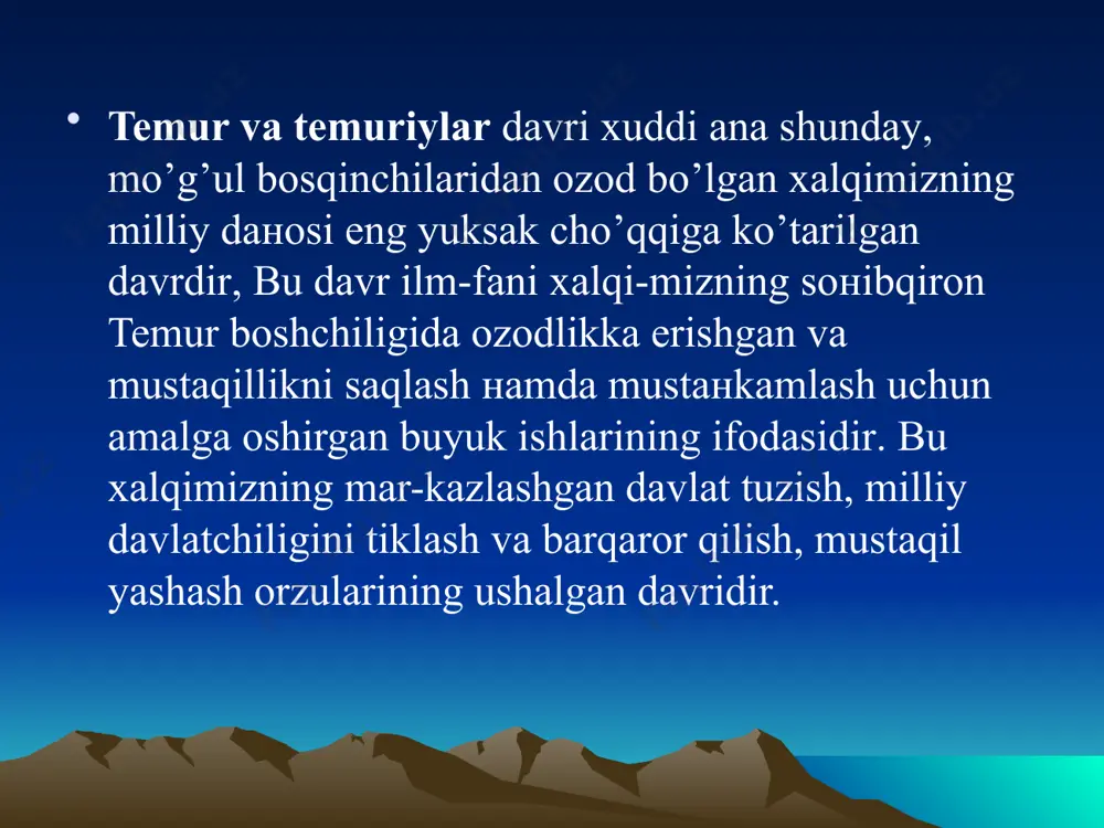 si, amir temurning o’g’li shoxrux mirzo edi. ulug’-bek yoshligidan ilm bilan qiziqdi. unga taniqli olimlar qozizoda rumiy va g’iyosiddin jamshid ustozlik qildilar. u garchi davlat arbobi bulsa xam, madaniyat va ilm-fan ravnakiga kup kuchini sarfladi, matema-tika, astronomiya, geometriya, tarix, kimyo va boshqa soxalarda ilmiy tadkikotlar olib bordi. olimning dun-yoqarashida aflotun, arastu, ptolemey, muxam-mad xorazmiy, al fargoniy, forobiy, ibn sino, beruniy va boshqalarning asarlari muxim o’rin egalladi. manbalarda keltirilgan ma‘lumotlarga qaraganda, ulug’bek buyuk mutafakkirlardan ahmad farg’oniy, forobiy, muso xorazmiy, beruniy va ibn sino asarlarini batafsil o’rganadi. ularning asarlari orqali qadimgi yunon olimlari: aflotun (platon), arastu (aristotel), gipparx (gippokrat), ptolomeylarning klassik asar­lari bilan xam tanishadi. ulug’bek movarounnaxr shaxarlarini, xususan samarqand va buxoroni ilmu ma‘rifat dargoxiga aylantirishga intiladi. uning farmoni bilan 1417 yilda buxoroda, 1417—1420 yillarda samarqandda va 1433 yilda g’ijduvonda madrasalar bino qilinadi. xatto buxorodagi madrasaning darvozasiga: “bilim olish har bir musulmon ayol va erkakning burchidir” degan kalima yozib quyiladi. movarounnaxrning bu …