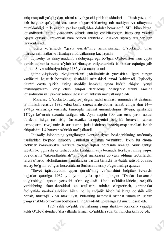 ’proq mustaqillik berilishiga qaratilmog’i kerak edi. ittifoqdagi mavjud yakkapartiyaviylikning siyosiy va mafkuraviy hukmronligini hech bo’lmaganda cheklash, ekvivalentli bo’lmagan iqtisodiy ayirboshlashga, qishloq xo’jalik va mineral xom ashyo ishlab chiqarishga ixtisoslashtirishga, respublikalar, ayniqsa, o’zbekiston uchun zararli bo’lgan ana shunday iqtisodiy yo’nalishga barham berilishi zarur edi. biroq qayta qurish “kontseptsiyasi” avvalboshdanoq noilmiy bo’lib, u mag’lubiyatga mahkum edi. qayta qurish borasidagi dastlabki tajribalarning ko’rsatishicha, mamlakat siyosiy rahbariyati birinchi kundanoq “qayta qurish” mafkurasini anglab yetishda nihoyatda soddalashgan nuqtai nazar bilan yondashdi. qayta qurish “kontseptsiyasi” “qardosh” ittifoqdosh respublikalarning hayotiy manfaatlari va muammolarini chuqur ilmiy tahlil qilishga, ularni bilishga asoslanmagan edi. o’sha davrda sovet sotsialistik tuzumi iqtisodiy, siyosiy jihatdan ulkan imkoniyatlarga ega deb hisoblandi, tarixiy istiqbol sotsializm tomonida deb qaraldi. sotsializmga sun’iy ravishda demokratik qiyofa berilib, mustabid tuzumning mavjud yaramas illatlarini “tasodifiy hol”, ular uchun “sotsialistik jamiyatda asos yo’q”, shuning uchun ularni, ayniqsa, boshqaruv tizimidan olib tashlash kifoya deyildi. shu bilan birga, sovet iqtisodiyotining, butun xo’jalik tizimining …