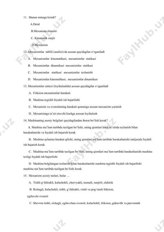 izmlar uchun erkinlik darajasini topish formulasi kim tomonidan yaratilgan? a. m. gryubler b. p.l. chebishev c. f.relo d. p.o. somov a.p. malishev 24. tekis mexanizmlarni struktura klassifikatsiyasi kim tomonidan yaratilgan? a. monj b. villis c. f.rello d. l.v. assur 25. tekislikdagi to‘rt burchakli brusning i.i. artobolevskiyning klassifikatsiyasi bo‘yicha kinematik juft sinfini aniqlang. a. 1 b. 2 c. 3 d. 4 26. fazoda harakatlanayotgan jismning erkinlik darajasi … ga teng a. 3 b. 4 c. 5 d. 6 27. silindr bilan tekislik kinematik juft hosil qilsa i.i. artobolevskiyning klassifkatsiyasi bo‘yicha kinematik juft klassini aniqlang. a. 1 b. 2 c. 3 d. 4 28. 2 ta silindr bir-biriga kiydirilgan bo‘lsa i.i. artobolevskiyning klassifikatsiyasi bo‘yicha kinematik juft sinfini aniqlang. a. 1 b. 2 c. 3 d. 4 29. mexanizm sxemasini assur guruxlariga bo‘lish nima uchun kerak? a. mexanizmning sinfini va strukturaviy formulasini aniklash uchun. b. mexanizmning sinfini anilash uchun. c. mexanizmning strukturaviy formulasini …