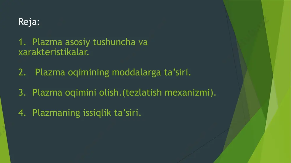 i ai plazma hajmidagi ionlashgan zarrachalar sonini moddadagi boshlang’ich neytral zarrachalar soniga nirbati bilan aniqlanadi. plazmaning ionlanish darajasi qiymatiga qarab plazmalar 1.kuchsiz ionlashgan (ai<1) 2.ionlashgan (ai<1) 3.to’liq yoki yuqori ionlashgan ( ai 100 % ga yaqin). plazmalarga bo’linadi. plazma. plazma tarixi plazma oqimi- ning xarakter istikasi. e`tiboringiz uchun rahmat! image1.jpg image2.png image3.png