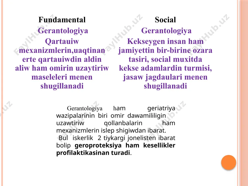 kizilgen keselliker, sirtqi ortaliqtin qolaysiz faktorlari, stress faktorlar. kesh qartayiw- bul jasawshanliqti asiradi, yagniy kop jil omir suredi. 9 qartayiwga tasir etiwshi faktorlar nasillik faktor ishki ortaliq faktori social ortaliq faktori kesellik faktori 10 qariliqtin sirtqi belgileri 40 tan 50 jasaraliginda agargan shashlardim qara shashlarga qatnasi artiwi jiyriqlar payda boliwi gipermetropiya hareket astelesedi, kemeyedi, adamlar bugilgen halda juredi ham jurisi bir tegis emes 11 xronologik (kalendar) qariliq— jasagan omir sani. fiziologik qariliq (fizik)- fiziologik qartayiw processi individual. psixologik qartayiw, adam ozin qari dep esaplap baslagan waqittan baslap baslanadi. social qariliq, uliwma bir putin jamiyet jasina baylnisli. belgili waqit araliginda konkret mamlekette ortasha jasawshanliq penen korrekciyalanadi. 12 qartayiw darejesin aniqlawdi otkeriw ham aniqlaw qartayiwdi aniqlawdin usili bar. 1. morfologik korsetkishlerdi aniqlaw bunda shashtin, qastin agariwi? qariliq keratomalari, qarashiqtagi ozgerislerge, boydin kishireyiwine itibar beriledi 2. fiziologik funkciyalardi aniqlaw kozdi jumgan halda bir ayaqta turiw muskullar kushin tekseriw jurek funkciyasin tekseriw okpe funkciyasin …