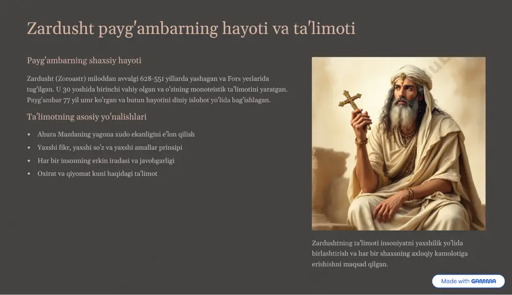 element hisoblanadi. atash bahramlar eng yuqori darajadagi olov ibodatxonalari bo'lib, ularda abadiy olov yonib turadi. bu olovlar 16 xil manbalardan olingan olovlarni birlashtirish orqali yaratiladi. 1 navjote 15 yoshga to'lgan zardushtiy bolalar uchun diniy etaklik marosimi. bu marosim orqali ular to'liq zardushtiy bo'lib, diniy majburiyatlarni o'z zimmalariga oladilar. 2 jashn marosimlar yil davomida o'tkaziladigan 6 ta katta bayram bo'lib, ular tabiat tsikli va qishloq xo'jaligi fasllariga bog'liq holda nishonlanadi. 3 dakhma marosimi o'liklarni "sukunat minoralari"da qushlar va tabiat kuchlariga qoldirish an'anasi. bu poklik printsipiga asoslangan holda amalga oshiriladi. https://gamma.app/?utm_source=made-with-gamma zardushtiylikning fors imperiyasiga ta'siri kir va doro shahlarining siyosati hakomaniylar sulolasi zardushtiylik ta'limotlarini qabul qilib, tolerantlik va adolat printsiplarini amal qildilar. huquqiy sistema zardushtiylikning adolat va haqiqat printsiplari fors huquq tizimiga chuqur ta'sir ko'rsatdi. "haqiqatni so'zlash" eng oliy fazilatlardan biri hisoblanadi. boshqaruv uslubi imperiya boshqaruvida zardushtiy qiymatlar asosida barcha xalqlarga nisbatan tolerantlik va hurmat ko'rsatildi. bu siyosat imperiyaning uzoq muddat barqaror …