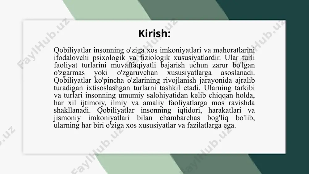 ahoratlari va ko'nikmalaridir. ular insonning intelektual, jismoniy, emosionalqobiliyatlar turli xil turlarga bo'linadi va ular bir-biridan farqlanadi. ularning har biri insonning ma'lum bir sohada muvaffaqiyatga erishish uchun zarur bo'lgan xususiyatlar va mahoratlarga asoslanadi. quyida qobiliyatlarning asosiy turlari va ularning farqlari keltirilgan. intelektual qobiliyatlar odamning aql-idrok va mantiqiy fikrlash qobiliyatiga asoslanadi. ular murakkab vazifalarni hal qilish, yangi bilimlarni o'rganish va tahlil qilishda yordam beradi. jismoniy qobiliyatlar insonning harakatlari, kuchi, chidamliligi va tezligini ifodalaydi. bular sportchi yoki jismoniy faoliyat bilan shug'ullanadigan shaxslar uchun muhimdir. masalan, tez yugurish, kuchli bo'lish yoki ma'lum bir sport turini o'zlashtirishda ko'zga tashlanadi. emosional qobiliyatlar odamning o'z his-tuyg'ularini anglash va boshqalar bilan ijtimoiy aloqalar o'rnatishda yordam beruvchi salohiyatlardir. bunga o'zini va boshqalarni tushunish, hissiy barqarorlik va empatiya kabilar kiradi. emosional intellekt, boshqaruv va rahbarlikda muhim rol o'ynaydi. ijodiy qobiliyatlar yangi va original g'oyalar yaratish, san'at, musiqa, dizayn yoki boshqa ijodiy faoliyatlarda yuqori ko'nikmalarni anglatadi. bunga rasmlar chizish, musiqa asarlarini …