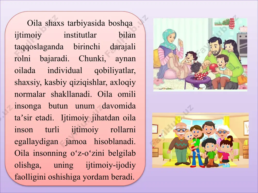 to‘lovi kabi masalalarda ham muammo chiqib turadi. psixologik (ruhiy) maqom-bu oilaning psixologik iqlimi. yaxshi iqlim emotsional yaqinlik, hamkorlik, teng huquqlilik bilan xarakterlanadi. yomon, noxush iqlim esa nizo - janjallar ko‘pligida emotsional noqulayliklarda namoyon bo‘ladi. ijtimoiy-madaniy maqom - ta’lim darajasi, yurish turish madaniyati, ana’nalarni saqlab qolish va o‘tkazish vazifasi, qiziqishlarningkeng doirasi, rivojlangan ma’naviy ehtiyojlar, dam olish va maishiy hayotning birgalikdagi shakllari. vaziyat–rol maqomi- bolaga munosabat xarakteri. oilaning ijtimoiy moslashuv bo‘yicha tadqiqot o‘tkazish uchun ijtimoiy pedagogika uning xususiyatlarini bilishi, ularga baho berish. lozim. ijtimoiy pedagogning oiladagi faoliyati uch asosiy ijtimoiy pedagogik yordam - ta’lim, psixologik, vositachilik yordamlaridan iborat. ijtimoiy pedagog oilalar bilan ishlaganda huquqni muhofaza qilish organlari bilan yaqin hamkorlik asosida ish yuritishi darkor. ijtimoiy pedagogning oila bilan ish yuritishi ijtimoiy pedagog faoliyati oilani oʻrganishdan boshlanadi. oiladagi munosabatlarni oʻrganish pedagogga oilada bolaning holatini tasavvur qilish imkonini beradi. oilani oʻrgangandan keyin ijtimoiy pedagog oldida oilada yangi munosabatlarni oʻrnatish vazifasi turadi. bu muammoni oilani …