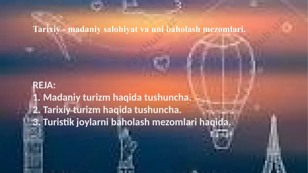 anadi saralanadi va tahlil qilinadi. turistik obyektlarni baholash uni rivojlantirishda eng katta ro'l o'ynaydi. turistik joylarni baholashda toplanadigan malumotlar. tabiy sharoit haqida malumotlar. tabiat va rekratsyion joylar infrastruktura va xizmat ko'rsatish tarmoqlari haqida. aloqa, transport tizimi, ovqatlanish imkonyatlari, va servic. tashrif buyuruvchilar haqida malumotlar. kimlar ko'p keladi, ularning qiziqishlari, yosh toiyfasi, va nima uchun keladi. aholi aholi haqidagi malumotlar va turizmga tasiri. ekologik malumotlar o'simlik va hayvonot dunyosi, turizmning ekologyaga tasir darajasi, bu malumotlar toplanadi va har bir malumotlar saralanb unga malum shikaladagi qiymat beriladi va oxirda umumiy natija olinadi. etiboringiz uchun rahmat image2.png image3.png image4.png image5.png image6.png image7.png image1.jpg /docprops/thumbnail.jpeg