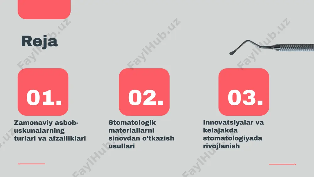 logiyalar va stomatologiyaga ta'siri stomatologik uskunalar sohasida kelajakda ko'plab innovatsiyalar kutilmoqda. 3d bosib chiqarish, sun'iy intellekt va virtual reallik kabi yangi texnologiyalar stomatologik amaliyotlarni yanada samarali va qulay qilishi mumkin. ularning yordamida shifokorlar yanada aniq tashxis qo'yish va bemorlar uchun individual davolash rejalarini ishlab chiqish imkoniga ega bo'ladi. yangi texnologiyalar stomatologiyaga ta'sir ko'rsatadi, masalan, 3d bosib chiqarish tizimlari yordamida individual protezlar yaratish imkoniyati oshadi. sun'iy intellekt esa bemorlarning tarixini tahlil qilish orqali samarali davolash strategiyalarini taklif etadi. bu innovatsiyalar stomatologik xizmatlarni yanada sifatli va zamonaviy qiladi. stomatologik materiallar, asosan, uchta asosiy turga bo'linadi: kompozitlar, keramikalar va metallar. har bir tur o'zining o'ziga xos xususiyatlari va qo'llanilish joylariga ega. masalan, kompozitlar ko'pincha estetik talablar uchun tanlanadi, keramikalar esa mustahkamlik va ko'rinish uchun afzal ko'riladi, metall materiallar esa kuch va chidamlilik uchun muhimdir. stomatologik materiallarni sinovdan o'tkazish usullari, ularning sifatini va xavfsizligini ta'minlashda muhim ahamiyatga ega. bu usullar orqali materiallarning mexanik xususiyatlari, …