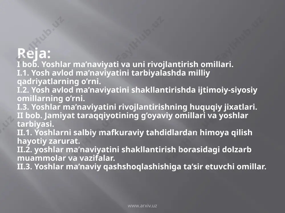 ularni yangi pedagogik va axborot texnologiyalari asosida tarbiyalash zaruratini asoslash hamda bu boradagi muammolarni tadqiq etish. www.arxiv.uz bitiruv malakaviy ishining ilmiy yangiligi: ma’anaviyat ijtimoiy-falsafiy hodisa sifatida, tarixiy tadrijiy hamda zamonaviy nuqtai nazardan o’rganildi, uning fan va ijtimoiy amaliyot rivojlanishidagi umumfalsafiy va metodologik ahamiyati asoslab berildi. yoshlar faolligining ortib borishi ishtimoiy qonuniyat jamligi yangi dalillar asosida isbotlandi va mazkur qonuniyatning demokratik jarayonlarni jadallashtirishga ta’siri ijtimoiy falsafiy jixatdan tadqiq etildi www.arxiv.uz yosh avlod ma’naviyatini tarbiyalashda milliy qadriyatlarning o’rni. mustaqillik tufayli madaniy ma’naviy xayotimizda uyg’onish yuz berdi, xalqimiz ezgu niyatlari ro’yobga chiqa boshladi, avlod-ajdodlarimiz bosib o’tgan tarixiy taraqqiyot yo’lini, faoliyatini chuqur o’rganishga muvaffaq bo’ldik. muqanna, temur malik, manguberdisingari milliy qahramonlarimiz hayoti bilan tanishish imkoniyatiga ega bo’ldik. shak-shubxasiz biz yashab turgab davr kelajak tariximiz uchun muhim axamiyatga ega. xalqimiz madaniy-ma’anaviy boyliklari milliy qadriyatlarini tiklash va rivojlantirish hozirgi avlodning vazifasidir. gap o’tmish madaniy-ma’naviy boyliklariga ega bo’lishdagina emas, balki uni chuqur egallab, yangi yksak bosqichga ko’tara …