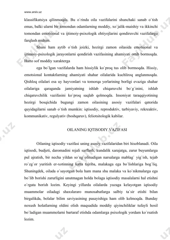 bartaraf etishda odamlarga psixologik yordam ko`rsatish lozim. oila o`zining shu vazifasi tufayli jamiyatga, davlatga katta iqtisodiy foyda keltiradi. masalan, bola tarbiyasi, bolani iqtisodiy ta`minlash borasidayoq uning jamiyatga keltirgan foydasi katta miqdorni tashkil etadi. buni davlat tomonidan, davlat muassasalarida (bolalar uylarida) bir bolani 16—18 yil tarbiyalab, ishchi kuchi sifatida yetishtirish uchun (uni boqish, kiyintirish, o`qitish, moddiy ta`minlash va sh.k.) davlat tomonidan har bir bolaga sarflanadigan mablag` va aynan shunday ishchi kuchini oilada tarbiyalash uchun beriladigan nafaqa pullari miqdorini solishtiradigan bo`lsak, o`rtadagi farq birinchilar foydasiga bir necha yuz ming so`mni tashkil qiladi. tasavvurga osonroq bo`lishi uchun aytish mumkinki, har bir bolani voyaga yetkazish uchun oila davlatga kamida o`no` n besh million so`mdan ortiq miqdorida iqtisodiy foyda keltiradi. bu boradagi, ya`ni har tomonlama kamol topgan ma`naviy-axloqiy yetuk, jismoniy-psixologik sog`lom shaxsni yetishtirishning ma`naviy-axloqiy jihatlarini hech qanday iqtisodiy me`zon bilan o`lchab bo`lmaydi. bu, oilani iqtisodiy vazifasining atigi birgina shaxsni shakllantirish borasidagi qimmatini ko`rsatadi xolos. hozirgi …