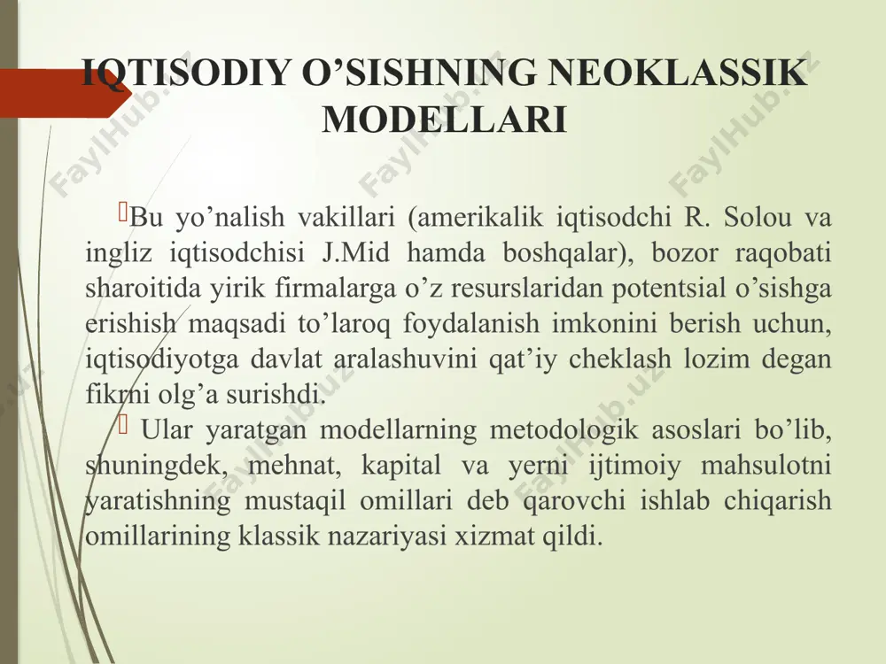 estitsiyalar ta’sirida o’zgaradi. investitsiyalar kapital zahirasini orttiradi, chiqib ketish (amortizatsiya) esa uni kamaytiradi. investitsiyalar fond bilan qurollanganlik va jamg’arish normasiga bog’liq.. bu iqtisodiyotda talab va taklif tengligi shartidan kelibchiqadi: i= sf(k). jamg’arish normasi (s) k ning har qanday miqdorida mahsulotning investitsiya va iste’molga bo’linishini belgilaydi: y = f(k), i= sf(k), s=(1-s)f(k investitsiyalar va kapitalning chiqib ketishining iqtisodiy muvozanatga tasiri e’tiboringiz uchun rahmat image1.png /docprops/thumbnail.jpeg