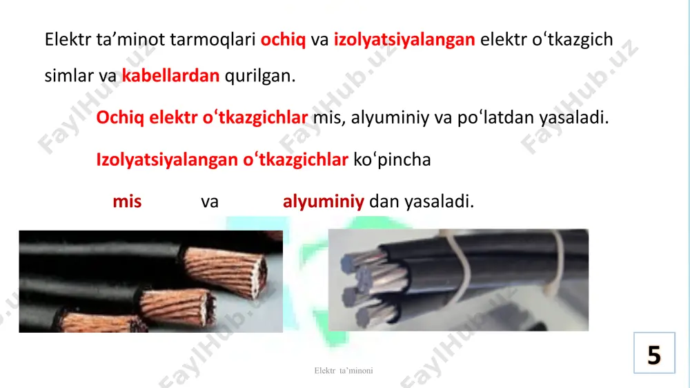 minoni havo liniyasi (hl) dan binogacha tortiladigan elektr o‘tkazgichning minimal kesim yuzasi elektr o‘tkazgichning markasi o’tkazgichning minimal kesimi, mm2 1000 v dan yuqori hl da 1000 v gacha hl da oralik masofa, m 10 gacha 10-25 mis 25 6 2,5 4 po‘lat 25 25 12,5 4 12,5 4 alyuminiy 35 16 6 10 29 elektr ta’minoni bimetall – deb turlicha elektr o‘tkazuvchanlikka ega bo‘lgan ikki xil metallni vakuum muhitida, kuchli bosim ostida o‘zaro biriktirish yoki suyuq eritma holatida bir-biriga qoplash natijasida hosil bo‘lgan materialga aytiladi. bimetallning vazifasi turli xil o‘tkazuvchanlika ega bo‘lgan metallarning birikish joyidagi kontakt qarshilikni yo‘qtib, elektr o‘tkazuvchanlikni oshirishdan iborat. elektrotexnika sanoatida mis+alyuminiy, po‘lat+mis, po‘lat+xrom, po‘lat+nikel kabi bimetallar ishlatiladi bimetallardan uchliklar, gilzalar, shaybalar kabi detallar yasalib elektr o‘tkazgichlarni o‘zaro ulashda ishlatiladi. 30 elektr ta’minoni bimetal uchlik va gilzalarning umumiy ko‘rinishi. a – mis+alyuminiy uchlik. b – alyumiy+mis gilza. 31 binoning ichki devoridan va devor ichida yotqizish uchun sirti …