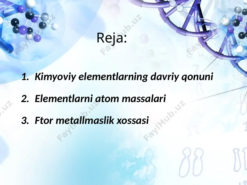 keyingi element kaliy (k) ishqoriy elementlar kabi bo‘lishi kerak edi va ishqoriy metallarning ostiga joylanishi lozim edi. d.i. mendeleyev davriy qonunni kashf qilgan davrda ko‘p elementlarning atom massalarida noaniqliklar bor edi, ko‘p elementlar kashf qilinmagan edi. kimyoviy elementlarning atom massalari bilan xossalari orasidagi bog‘liqlikka asoslanib, atom massalari noto‘g‘ri bo‘lgan elementlarning atom massalari to‘g‘rilab chiqiladi. image2.jpeg image3.jpeg image4.jpeg image5.jpeg image6.png image7.jpeg image8.png image9.jpeg image10.jpeg image11.jpeg image12.jpeg image13.jpeg image14.jpeg image15.jpeg image16.jpeg image17.jpeg image18.jpeg image19.jpeg image20.jpeg image21.jpeg image22.jpeg image23.jpeg image24.jpeg image25.jpeg image26.jpeg image27.jpeg image28.jpeg image1.jpeg