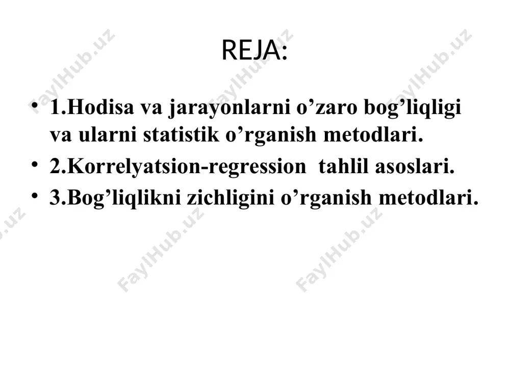 g’lanishning muhim xususiyati shundaki, bunda hamma omillarning to’liq ro’yxatini va ularning natijaviy belgi bilan bog’lanishini to’la ifodalovchi tenglamani yozish mumkin. masalan, uchburchakning yuzi (s) faqat uning asosi (a) bilan balandligi (h) ga bog’liq bu bog’lanish quydagi formula bilan to’la ifodalanadi. korrelyatsion (yoki noto’liq ) bog’lanishda omil belgining har bir qiymatiga natijaviy belgining aniq qiymati emas, balki har xil qiymatlari mos keladi. korrelyatsiya so‘zi lotincha “correlation” so’zidan olngan bo‘lib, o‘zaro munosabat, muvofiqlik, bo‘g`liqlik degan lug`aviy ma`noga ega. bu atamani statistika faniga ingliz olimi va statistik frensis gal`ton x1x-asr oxirida kiritgan. korrelyatsion tahlil omil belgi(lar) va natijaviy belgi orasidagi bog'liqlik zichligini aniqlash uchun qo'llaniladi. 2.korrelyatsion-regression tahlil asoslari korrelatsion tahlil korrelatsiya koeffisentlarini aniqlash va ularning muhimligini, ishonchliligini boholashga asoslanadi. korrelyatsion tahlil o’rganilayotgan belgilarni tanlashdan boshlanadi. bu erda omil belgidan ko’ra natijaviy belgini tanlash muhimroqdir. chunki regressiya tenglamasi shaklini tanlash natijaviy belgiga bog’liq. natijaviy belgi tanlangandan so’ng, unga ta’sir qiluvchi omillardan eng muhimlari tanlab …