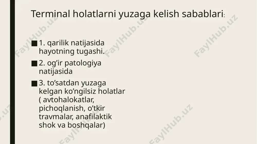 hlarni o'z ichiga oladi : g (gauging) — holatni baxolash; н (human mentation) hushni tiklash; i — a’zolar funksiyasini yetishmovchiligini korreksiyasi. i bosqich a (airway open) nafas yo’llari o’tkazuvchanligini tiklash bo’yinni orqa qismini bukib boshni orqaga tashlash pastki jag’ni oldinga yo’naltirib og’izni ochish nafas yo’llari yopiq nafas yo’llari ochiq o’pka sun’iy ventilyatsiyasida boshning holati. qon aylanishini taminlash. operatsiya xonasidan tashqari— yurak yopiq massaji operatsion sharoitda, ko’krak qafasi ochilganda — yurak ochiq massaji laparotomiya sharoitida— diafragma orqali yurak massaji. to’sh suyagiga kaftning teginish joyi bilvosita yurak massaji sxemasi: а – to’shga qo’llarni qo’yiladi б – to’sh bosiladi bilvosita yurak massajida bemor holati. i bosqich с (circulation his blood) ii bosqich d (drug) iloji boricha tezroq, ideal holda massaj boshlanishi bilan bir vaqtda vena ichiga adrenalin va atropin yuboriladi. agar tomir ichiga yuborishning iloji bo'lmasa, dorilar endotraxeal tarzda qo'llaniladi (vena ichidan 2-2,5 baravar kattalarda va 10 baravar bolalarda). dastlab preparatlar 10 ml …