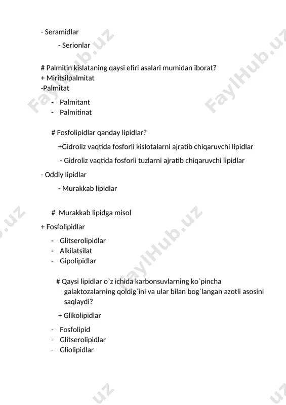 agi moddalar saqlaydi ular qaysilar? + steroidlar va terpenlar · stiroidinlar va terpenlar · pereksidoidlar · terpenlar # nuklein kislotalarning molekulyar og`irligi qancha ? + 25mingdan 1mln.gacha · 26ming · 26mingdan 1mln.gacha · 27 ming # purin va pirimidin qatoridagi geterohalqali birikmalarga nima deyiladi? + nuklein asoslar · nukleodlar · nukleozidlar · nuklein kislotalar # fiziologik sharoitda nuklein asoslar qanday shaklda bo`ladi? + laktam va amin · laktim va lactam · amino – imino · laktim -imino # karbonsuvlar qoldiqlari tabiatiga ko`ra nechiga bo`linadi va ular qaysilar? + ribonukleozidlar va dezoksiribonukleozidlar · ribonukleozidlar · dezoksiribonukleozidlar · javoblar hammasi xató # karbonsuv + asos = …… + nukleozid + suv · nukleotid +suv · reaksiya bormaydi · nukleozid+nukleotid # spid virusini kamaytiruvchi antibiotik nomini toping? + azidotimidin · puromitsin · korditsepin · korditsepin va puromitsin # …. – nukleozidlarning fosfat efirlaridir + nukleotidlar · nuklein kislotalar · nuklein asoslar · nuklozidlar …