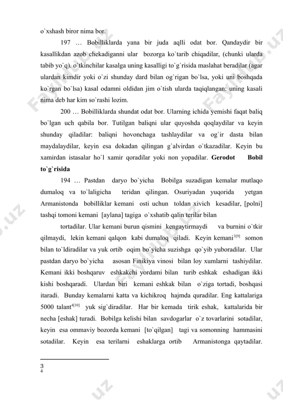 gi va somonning hammasini sotadilar. keyin esa terilarni eshaklarga ortib armanistonga qaytadilar. daryoni yuqorisi bo`yicha oqimni tezligi sababli suzish mutlaqo mumkin emas. shuning uchun kema yog`ochdan emas, terilardan quriladi. podsho xammurapi qonunlari xammurapi (er. avv. 1792 – 1750 yillar) amoriylar sulolasining oltinchi podshosi. uning qonunlari 1901- yilda fransuz arxeologlari tomonidan elamning poytaxti suzada topilgan. parijdagi luvr muzeyida saqlanadi. qonunlar qora ba`zalt toshiga o`yib yozilgan va bobildan elamlilar tomonidan o`lja qilib, er. avv. xii asrda suzaga olib ketilgan. qonunlar to`plami 287 moddadan iborat, lekin ustunda 247 modda saqlanib qolgan, 35 modda ko`rinishidan elam podshosi buyrug`i bilan yo`q qilingan. keyinchalik yetishmaydigan moddalar suzada topilgan parcha dublikatlar asosida nineviyada osuriya podshosi ashshurbanipal1 kutubxonasida topilgan, mixxat matn uch qism: kirish, qonunlarni o`zi va xulosadan iborat. birinchi va oxirgi qismlarda hammurapi o`zini va o`z boshqaruvini tavsiflaydi, “kuchli zaifni ezmasligi, yetim va bevaga adolat qilish uchun” qonunlar to`plamini tuzilishi maqsadini ko`rsatadi. us tuning yuqori qismida xammurapi …