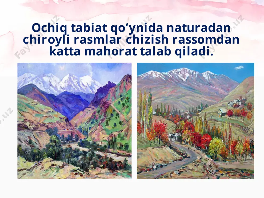 qolaversa, rassomlarning manzara janridagi asarlarida tog‘ manzaralaridan tashqari televizor orqali, kitoblardagi illustratsiyalar orqali ko‘p bora ko‘rgansiz. siz ko‘rganlaringizni bir-bir eslang. shunda sizga kompozitsiya variantlari uchun mavzu topish oson bo‘ladi. image1.jpg image2.jpeg image3.jpeg image4.jpeg image5.jpeg image6.jpeg image7.jpeg image8.png image9.jpeg image10.jpeg image11.png image12.jpg image13.jpg image14.jpeg image15.jpeg image16.jpeg image17.jpeg image18.jpeg image19.jpeg image20.jpeg image21.png image22.jpeg image23.png image24.png image25.png image26.png