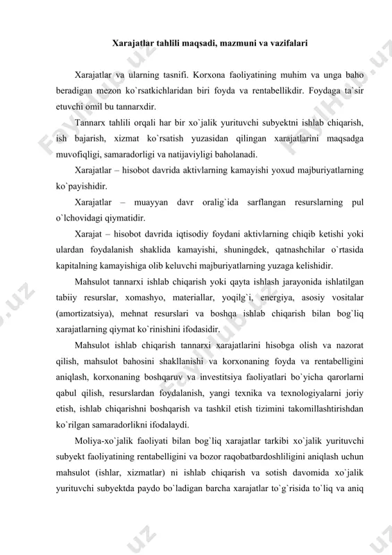 qilish, resurslardan foydalanish, yangi texnika va texnologiyalarni joriy etish, ishlab chiqarishni boshqarish va tashkil etish tizimini takomillashtirishdan ko`rilgan samaradorlikni ifodalaydi. moliya-xo`jalik faoliyati bilan bog`liq xarajatlar tarkibi xo`jalik yurituvchi subyekt faoliyatining rentabelligini va bozor raqobatbardoshliligini aniqlash uchun mahsulot (ishlar, xizmatlar) ni ishlab chiqarish va sotish davomida xo`jalik yurituvchi subyektda paydo bo`ladigan barcha xarajatlar to`g`risida to`liq va aniq axborot shakllantirilishi, soliq solinadigan bazani to`g`ri aniqlash maqsadida belgilanadi. moliya-xo`jalik faoliyati bilan bog`liq barcha xarajatlar quyidagilarga guruhlanadi: 1. mahsulotning ishlab chiqarish tannarxiga kiritiladigan xarajatlar: a) bevosita va bilvosita moddiy xarajatlar; b) bevosita va bilvosita mehnat xarajatlari; v) boshqa bevosita va bilvosita xarajatlar, shu jumladan ishlab chiqarish xususiyatiga ega bo`lgan ustama xarajatlar. 2. ishlab chiqarish tannarxiga kiritilmaydigan, biroq asosiy faoliyatdan olingan foydada hisobga olinadigan hamda davr xarajatlariga kiritiladigan xarajatlar: a) sotish xarajatlari; b) boshqarish xarajatlari (ma`muriy sarf-xarajatlar); v) boshqa operatsion xarajatlar va zararlar. 3. xo`jalik yurituvchi subyektning umumxo`jalik faoliyatidan olingan foyda yoki zararlarni hisoblab chiqishda …