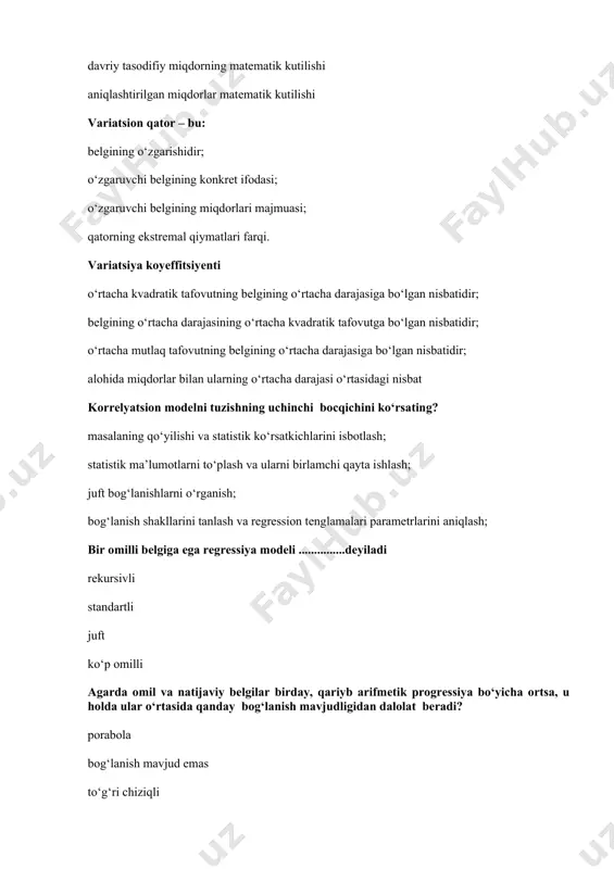 dalanishi belgilarnining mazmunan belgilanishi bir biriga zid belgilar belgning rasm orqali ifodalanishi statistik to‘plamda birlikdan-birlikka farqlanuvchi belgi bu:- variatsion belgi atributiv belgi tasniflash belgisi guruxlash belgis xodimning ish haqi miqdori qaysi belgiga mansub? miqdoriy belgi atributiv belgi alternativ belgi oraliq belgi statistik to`plam birliklarini ma`lum holatga (paytga) nisbatan yoki vaqt oralig`i davomida kuzatib, ularni biror belgi asosida tasniflash natijasi dinamik qatoqlar taqsimot qatorlar vaqtli qatorlar panel qatorlar statistik to`plam birliklarini uzoq vaqt davomida kuzatib, davrlar yoki vaqt paytlari bo`yicha tasniflash bu:- dinamik qatoqlar taqsimot qatorlar diskret qatorlar panel qatorlar ikkita omil orasidagi chiziqli bog`lanish r >0,85 bo`lsa ...........deyiladi multikolleniarlik kolleniarlik avtokorreliyatsiya avtoregressiya bir nechta omilllar orasidagi chiziqli bog`lanish r >0,85 bo`lsa ...........deyiladi multikolleniarlik kolleniarlik avtokorreliyatsiya avtoregressiya dinamik qatorlarda ketme ket qiymatlari orasidagi bog`liqlik .... deyiladi multikolleniarlik kolleniarlik avtokorreliyatsiya avtoregressiya dinamik qatorning oldingi qiymatlarining keyingi qiymatlariga ta`sirini ifadolovchi regressiya .... deyiladi. multikolleniarlik kolleniarlik avtokorreliyatsiya avtoregressiya o‘rtachaning real qiymatga ega bo‘lishi nimaga …