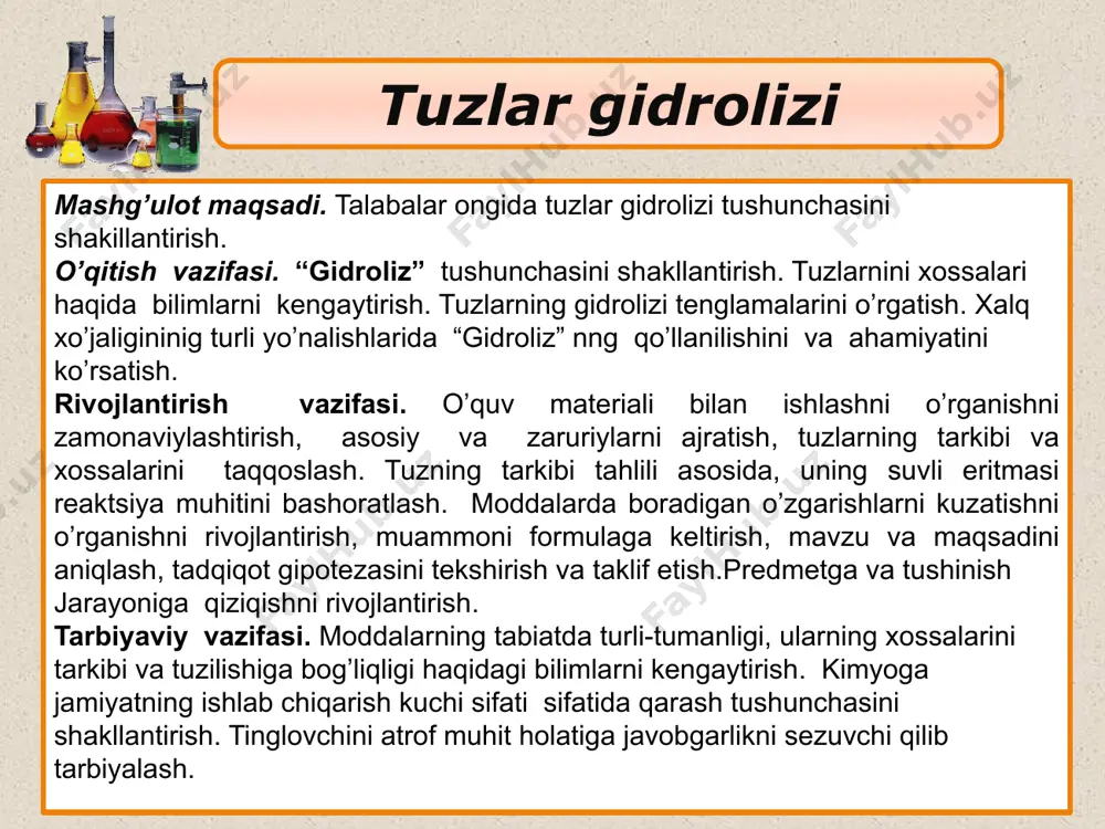 kuchsiz asos kislotadan hosil bo’lganligini aniqlash tuzning dissotsiyasini yozib, kuchsiz elektrolit ionini aniqlash kuchsiz elektrolit ionini suv bilan o’zaro tasiri tenglamasini yozish tuz eritmasi muxitini aniqlash molekulyar tenglamasini yozish alcl3 al3+ + 3cl- al(oh)3 (kuchsiz asos) hcl (kuchli kislota) al3+ + h2o h+ oh- aloh2+ h+ + -ionli tenglamasi alcl3 + h2o = alohcl2 + hcl – gidroliz molekulyar tenglamasi misol: muxit kislotali h2o + oh- aloh2+ etibor qarating: ! ! kuchli asoslarning kationlari gidrolizga uchramaydi na+ k+ ca2+ kislotalarning kuchli anionlari bilan cl- so42- no3- ba2+ li + sr2+ rb+ cs+ clo4 - br - i - kuchsiz asos kationlari gidrolizga uchraydi, masalan: al3+ fe3+ cu2+ kuchsiz kislota anionlari, masalan: co32- so32- s2- no2- po43- cr3+ fe2+ hg2+ gidrolizga uchraydigan tuzlarga misol cucl2 cu(oh)2-kuchsiz asos hcl(kuchli kislota) cu2+ + 2cl- h+oh- cu2+ + hoh cuoh+ + h+ ionli tenglamasi cucl2 + hoh = cuohcl + hcl molekulyar tenglamasi cucl2 …