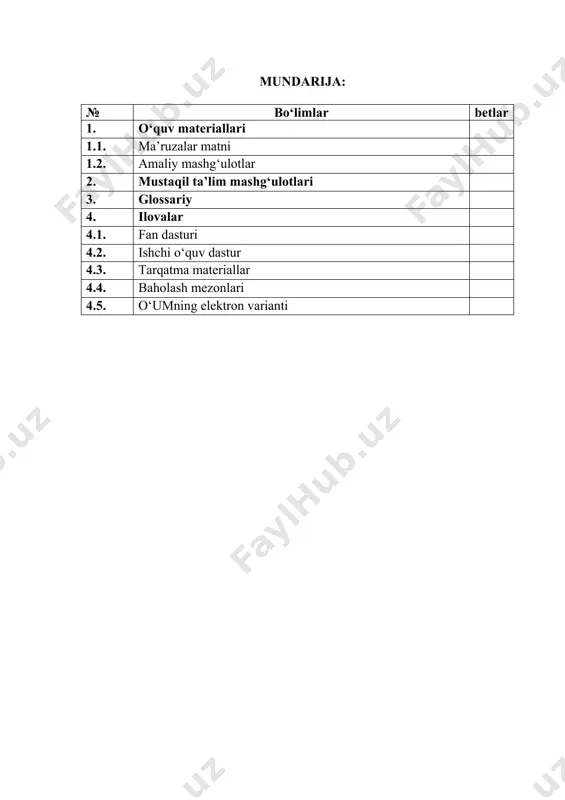 ussiyasi. sog‘lom odamlarda va nafas a’zolari kasalliklari bilan bemorlarda o‘pkaning qiyosiy va topografik perkussiyasi. 3 2 bolalarda o‘pka auskultatsiyasi. auskultatsiya texnikasi va qoidalari. o‘pka auskultatsiyasida asosiy (vezikulyar, bronxial) va qo‘shimcha (quruq va nam xirillashlar, krepitatsiya, plevra ishqalanish shovqini) nafas shovqinlari. bolalarda nafas tizimini instumental va laborator tekshiruv usullari. 3 3 erta yoshdagi bolalarda nafas tizimi kasalliklarini semiotikasi va sindromlari (ivbdv – yo‘tal, astmoid sindrom, nafas buzilishlari). katta yoshdagi bolalarda nafas tizimi kasalliklarini semiotikasi va sindromlari (ivbdv – yo‘tal, astmoid sindrom, nafas buzilishlari). 3 4 yurak qon-tomir kasalligi bilan og‘rigan bemor bolalarni tekshirish usullari. so‘rab-surishtirish, ko‘zdan kechirish. yurak soxasini va periferik tomirlarni ko‘zdan kechirish. yurak sohasini palpatsiyasi 3 5 bolalarda yurak perkussiyasi. sog‘lom bolada va yurak qon - tomir kasalligi bilan bemorlarda yurakning nisbiy va absolyut bo‘g‘iqlik chegarasini aniqlash. yurak konfiguratsiyasi. rentgenogrammalar tahlili. 3 6 bolalarda yurak auskultatsiyasi. auskultatsiya tartibi. sog‘lom odamda normal tonlarni xarakteristikasi. yurak qon-tomir kasalliklarida tonlarning o‘zgarishi (kuchayishi …