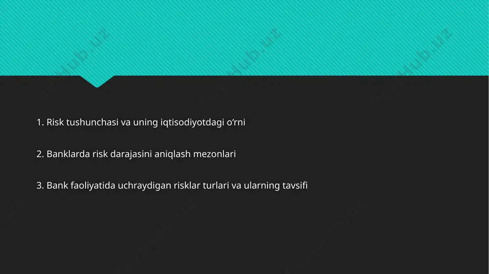 i qaytara olmaslik ehtimoli qanchalik yuqori bo‘lsa, kredit riski darajasi ham shunchalik yuqori bo‘ladi. 2. zarar miqdori mezoni risk yuzaga kelgan taqdirda bank qancha zarar ko‘rishi mumkinligi muhim hisoblanadi. masalan, kichik summadagi qarzni qaytarmaslik bilan yirik summadagi qarzni qaytarmaslikning bankka ta’siri turlicha bo‘ladi. 3. vaqt mezoni riskning darajasi ko‘pincha vaqt omili bilan ham belgilanadi. uzoq muddatli kredit yoki investitsiya loyihalari qisqa muddatlilarga qaraganda ko‘proq noaniqlikni o‘z ichiga oladi. 4. likvidlik mezoni bank aktivlarining likvidligi ham risk darajasiga ta’sir qiladi. agar bankning aktivlari tezda naqd pulga aylantirilishi qiyin bo‘lsa, u holda risk darajasi yuqori hisoblanadi. 5. tizimli va tizimdan tashqari omillar risk darajasi faqatgina bank faoliyatiga bog‘liq bo‘lmay, balki tashqi omillarga ham ta’sirchan bo‘ladi. masalan, iqtisodiy inqiroz, inflyatsiya, foiz stavkalarining o‘zgarishi, siyosiy beqarorlik — bularning barchasi risk darajasini keskin oshirishi mumkin. 3. bank faoliyatida uchraydigan risklar turlari va ularning tavsifi bank faoliyati murakkab va ko‘p qirrali bo‘lib, unda turli xil risklar …
