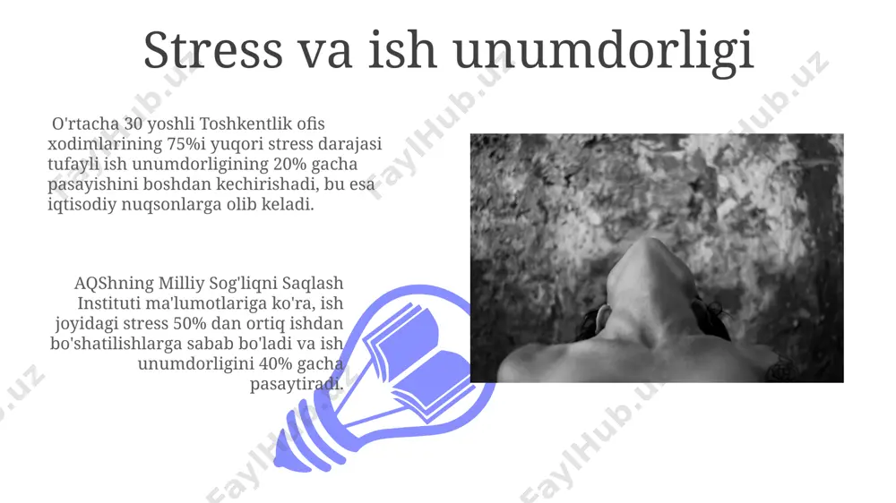 ация дастурлари 12 ҳафта давомида самарали натижалар беради. stressga qarshi kurash usullari 7-8 soatlik sifatli uyqu, stress gormonlari darajasini 15-20% ga kamaytiradi va immunitet tizimini mustahkamlaydi, bu esa samarqanddagi klinik tadqiqotlar natijalarida tasdiqlangan. muvozanatli ovqatlanish, kundalik ratsionga 5 ta meva va sabzavot qoʻshish, stressga chidamlilikni 25% ga oshiradi va fargʻona vodiysidagi dietologlar tomonidan tavsiya etiladi. stress va munosabatlar stressning 4 bosqichi (qo'zg'alish, qarshilik, charchoq va tükenme) andijon shahridagi oilaviy terapiya markazining ma'lumotlariga ko'ra, munosabatlardagi qarama-qarshiliklar sonini 2-3 baravar oshiradi. samarqand viloyatida o'rganilgan 100 juftlikning 70%ida stress munosabatlarga salbiy ta'sir ko'rsatib, 2.5 ballga teng bo'lgan janjal darajasini oshirgan. stress va sog'liq 01 02 surunkali stress 35 yoshdan oshgan toshkent aholisining 70 foizida yurak-qon tomir kasalliklari xavfini oshiradi, bu esa o'lim xavfini sezilarli darajada yuqorilatadi. sales 1st qtr 2nd qtr 100 0 sales 1st qtr 2nd qtr 100 0 e'tiboringiz uchun rahmat @taqdimot_robot image4.jpg image5.jpg image6.jpg image7.jpg image8.jpg image9.jpg image10.jpg image11.jpg image12.jpg …