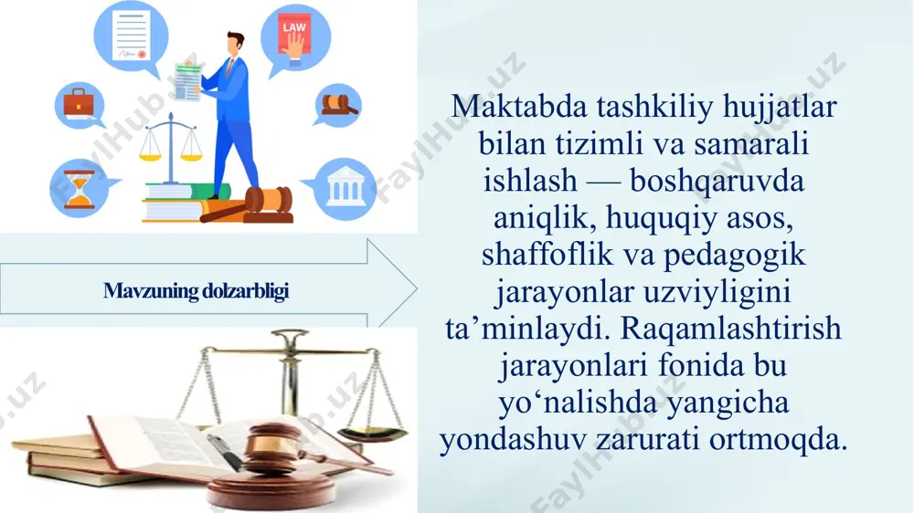 an hujjatlarni saqlash, tekshirish va yangilashda kechikishlar boʻlishi mumkin. yaponiya maktablarida hujjatlar bilan ishlashda yuqori darajada samarali tizimlar qoʻllaniladi. masalan, school management system (sms) tizimi yordamida hujjatlar va dars rejasi markazlashtirilgan tarzda boshqariladi. shu bilan birga, xavfsizlik va maʼlumotlar himoyasiga katta eʼtibor beriladi. yaponiya tizimlari kabi xavfsizlikni kuchaytirish, maʼlumotlar bazasini himoya qilish va ruxsat etilgan shaxslar orqali hujjatlarga kirishni nazorat qilish lozim. qiyosiy tahlil etilganligi t/r muammo amalga oshirish mexanizmi mas’ullar muddat natija 1 hujjatlarni saqlash va arxivlashning noaniqligi 1. maʼlumotlar bazasini yaratish va markazlashtirish. 2. hujjatlarni elektron arxivga o‘tkazish. maktab direktori, kadrlar boʻyicha menejer o‘quv yili boshida hujjatlar markazlashadi va kerakli maʼlumotlar tez topiladi. 2 hujjatlar aylanishining kuzatuv mexanizmining sustligi 1. har bir hujjat bo‘yicha masʼullar va muddatlarni belgilash. 2. monitoring tizimi joriy qilish. maktab diretori, oʻibdoʻ, kadrlar boʻyicha menejer o‘quv yili davomida hujjatlar aylanishi nazoratga olinadi, javobgarlik oshadi. 3 ota-onalar bilan hujjatlar asosidagi axborot almashinuvi sustligi 1. raqamli …