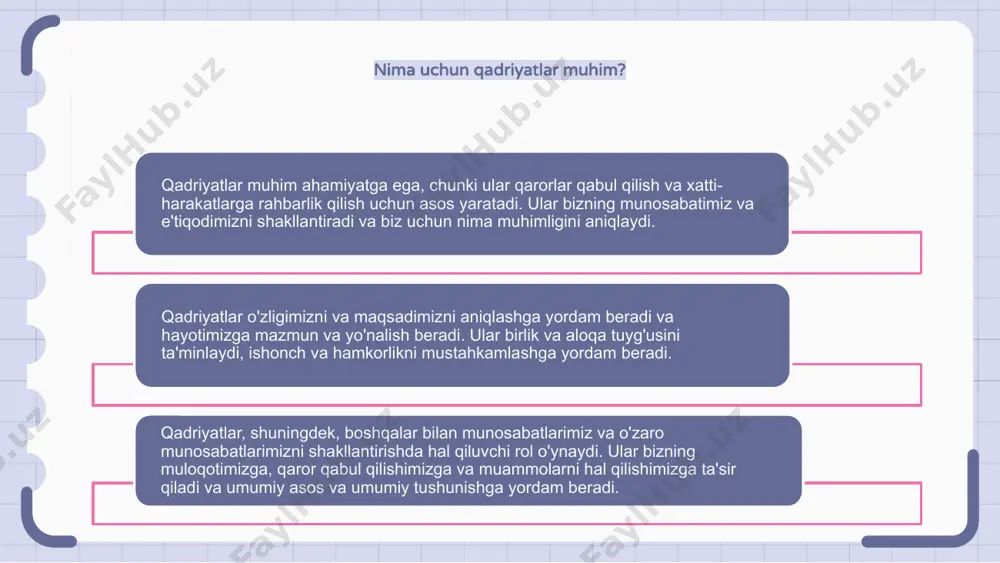 yatlarga halollik, halollik, jamoaviy ish va javobgarlik kiradi. shaxsiy qadriyatlar va tashkiliy qadriyatlar shaxsiy qadriyatlar - bu shaxsning xatti-harakati va qaror qabul qilishiga rahbarlik qiladigan e'tiqod va tamoyillarni anglatadi. bu qadriyatlar har bir insonga xos bo‘lib, ko‘pincha ularning tarbiyasi, tajribasi va shaxsiy maqsadlari asosida shakllanadi. boshqa tomondan, tashkiliy qadriyatlar kompaniyaning qanday ishlashini va uning xodimlari, mijozlari va manfaatdor tomonlari bilan o'zaro munosabatlarini belgilaydigan asosiy tamoyillardir. ushbu qadriyatlar halollik, mijozlar ehtiyojini qondirish, innovatsiyalar yoki ijtimoiy mas'uliyatni o'z ichiga olishi mumkin. shaxsiy qadriyatlar sub'ektiv bo'lib, har bir kishiga qarab farq qilishi mumkin bo'lsa-da, tashkilotning qadriyatlari odatda kompaniyaning missiyasi va qarashlari bilan mos keladi. shaxsiy va tashkiliy qadriyatlar tashkilotda individual va jamoaviy xulq-atvorni shakllantirishda hal qiluvchi rol o'ynaydi. etakchilikdagi qadriyatlar qadriyatlar etakchilikda muhim rol o'ynaydi, chunki ular qaror qabul qilish uchun asos bo'lib xizmat qiladi va axloqiy xulq-atvorni boshqaradi. o'z qadriyatlariga mos keladigan liderlar yanada ishonchli va jamoa a'zolarining ishonchi va hurmatini qozonadilar. …