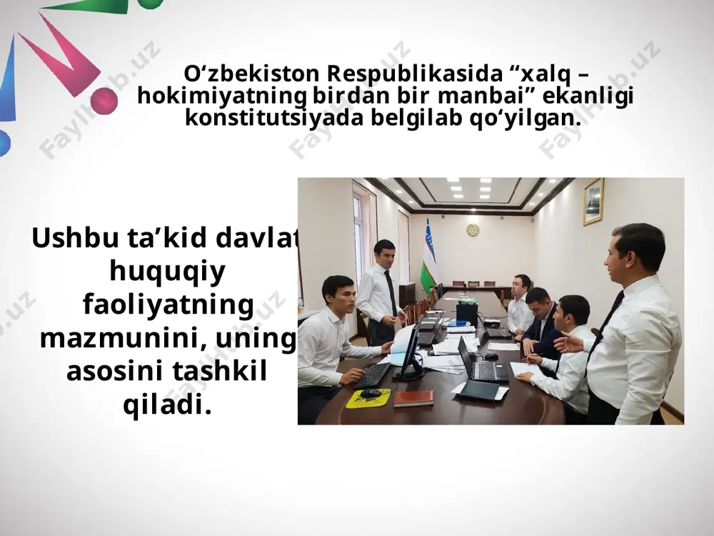 adi. 11- modda. prezident qonun chiqaruvchi ijro etuvchi sud hokimiyati oliy majlis: - senat (yuqori palata) - qonunchilik palatasi (quyi palata) konstitutsiyaviy sud, oliy sud, sudlar. vazirlar mahkamasi, vazirliklar, davlat qo‘mitalari, hokimliklar hokimiyat vakolatlarini taqsimlash prinsipi – huquqiy davlatning eng muhim belgilaridandir. bu prinsip barcha rivojlangan demokratik davlatlarda amal qiladigan asosiy konstitutsiyaviy qoidalardan biridir. hokimiyat bo‘linishida konstitutsiyaviy prinsip qo‘llanib, davlat boshqaruvi islohoti amalga oshirilar ekan, mamlakatimizda quyidagi qoidalarga amal qilindi: 2. qonun chiqaruvchi, ijro etuvchi hamda sud funksiyalarini bajaruv chi respublika miqyosidagi davlat organlari o‘rtasida hokimiyat vakolatlarining muayyan nisbati mavjud. 1. mamlakatimizda hokimiyatning qonun chiqaruvchi, ijro etuvchi va sud tarmoqlari o‘zaro yagona davlat mexanizmi sifatida o‘zaro bog‘liqlikda faoliyat ko‘rsatishlari bilan bir paytda, ular nisbatan mustaqil hamdir; davlat boshqaruvining yuqori respublika miqyosidagi organlari o‘zlarining quyi – mahalliy organlari bilan ham chambarchas bog‘liqlikda ish olib boradilar. konstitutsiyamizning yana bir demokratik jihati, jamiyat va davlat hayotining eng muhim masalalari xalq muhokamasiga taqdim etiladi, …