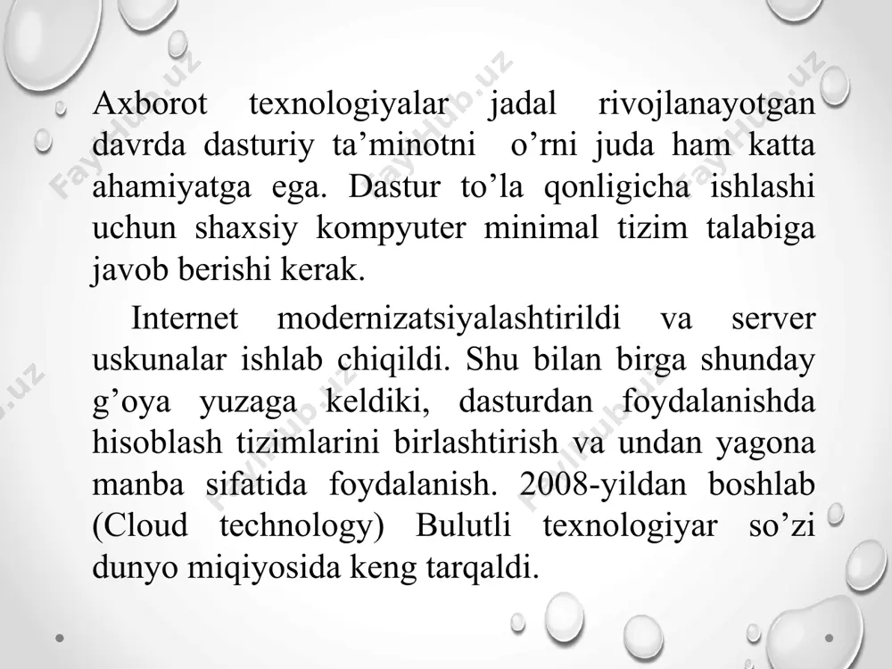 utli hisoblashdan faqatgina tashkilotning alohida bir jamoasi, (bo’lim) foydalanishi mumkin. public cloud (ommaviy bulut) - bu infratuzilma bulutli hisoblash xizmatlaridan keng omma foydalanish imkoniyatiga ega. omma buluti - bir vaqtning o'zida bir qancha kompaniya va xizmat tomonidan foydalaniladigan at-infratuzilmasi. foydalanuvchilar ushbu “bulut”ni boshqarish va qo'llab-quvvatlashga qodir emaslar, va bu masalalar bo'yicha barcha mas'uliyat manba egasiga beriladi. har qanday kompaniya va shaxsiy foydalanuvchi taqdim etilayotgan xizmatlar abonenti bo’lishi mumkin. misollar onlayn xizmatlar: amazon ec2, google apps / docs, microsoft office web. xususiy bulut - bu yagona tashkilot manfaatlari uchun boshqariladigan va boshqariladigan xavfsiz at infrastrukturasi. tashkilot o'zida “bulut”ni boshqarishi yoki bu ishni tashqi pudratchiga topshirishi mumkin. infratuzilma mijozning yoki tashqi operatorning (yoki qisman mijozdan va qisman operatordan) xonasida joylashgan bo’lishi mumkin. gibrid bulut - muayyan vazifani echishda jamoat va xususiy bulutning eng yaxshi xususiyatlaridan foydalanadigan at-infratuzilmasi. ko’pincha bu turi tashkilot boshqa aytganda faoliyat mavsumiy muddatlari, bo'lsa ishlatiladi bilanoq ichki it infratuzilma …