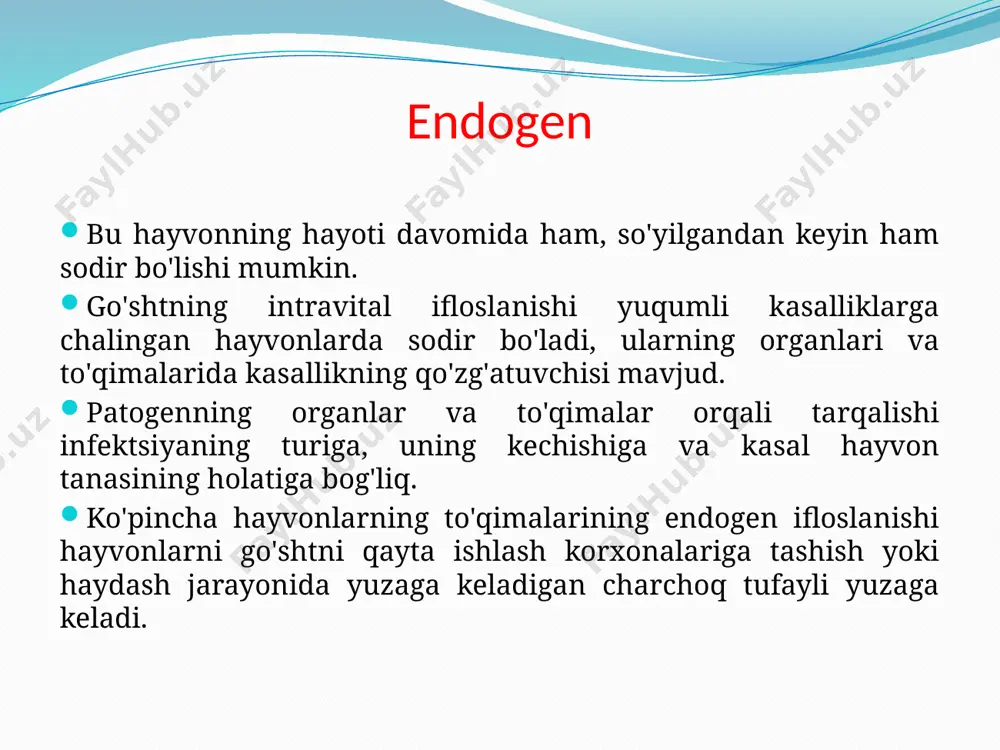 rida uglevodlarni parchalaydi, organik kislotalarni chiqaradi. pigmentatsiya bu go'sht yuzasida turli xil pigmentlarga ega bo'lgan mikroorganizmlar koloniyalarining ko'payishi va shakllanishi tufayli go'sht yuzasida rangli dog'lar paydo bo'lishi. qo'zg'atuvchisi: aerob yoki fakultativ anaerob mikroorganizmlar : ps.fluorescens , ps. pyocyaneae , ps. syncyanea , bact. prodigiosum , sardalyalar, pigment xamirturushlari, ko'pincha rhodotorulalar jinsi . patogen mikroblarning toksinlari. patogen mikroblarning bir qancha xossalari ularning odam va hayvonlar organizmiga nisbatan agressivligini ta‘minlaydi. mikrob­larning toksinlari yanada ko’proq ahamiyatli. patogen mikroblar ikki xil toksin: ekzotoksin va endotoksin ishlab chiqaradi. mikrob hujayrasidan tevarak–atrofdagi muhitga osongina diffuziya­lanib chiqadigan zaharlarni ekzotoksinlar deyiladi. endotoksinlar mikrobning hujayra tanasiga mahkam bog’liq bo’lib, mikrob tanasi yemi­rilgandan keyingina yuzaga chiqadi. hamma patogen mikroblarning endo­toksinlari bor. patogen mikroblardan faqat ba‘zilari – difteriya tayoqchasi, qoqshol, gazli gangrena, botulizm tayoqchalari, stafilokokkilar, streptokokklar va boshqa mikroblar ekzotoksin ishlab chiqaradi. patogen mikroblarning toksinlari ekzotoksinlar kimyoviy tarkibi jihatidan oqsil moddalarga kiradi. ekzotoksinlarning xossalari. ekzotoksinlar spetsifikligi bilan ajralib turadi. buning ma‘nosi …