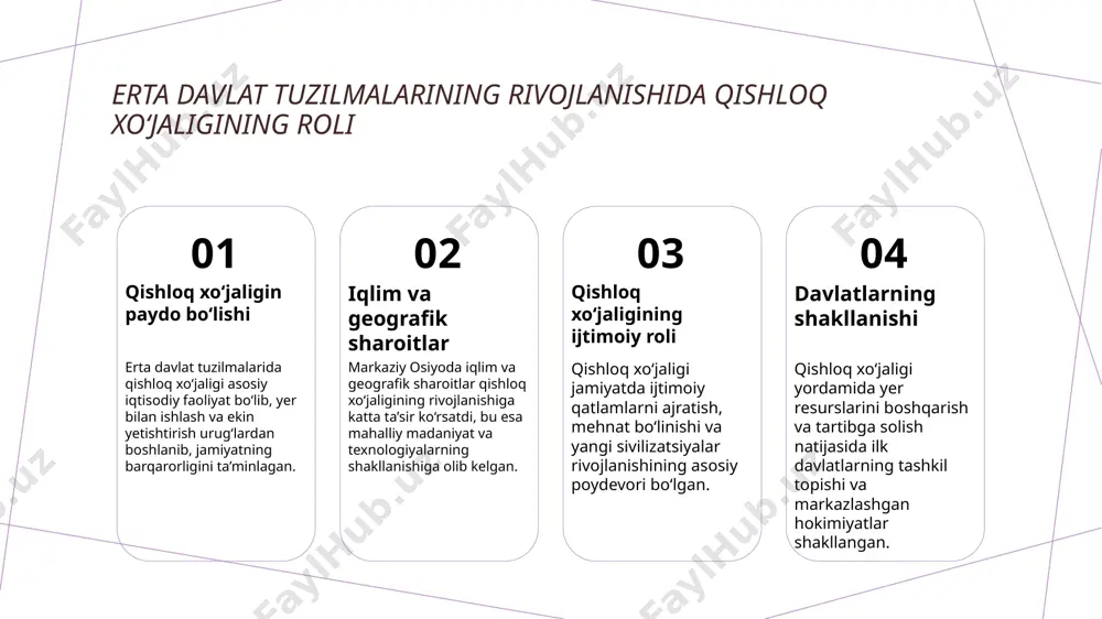 davlat qurilishi tarixiy roli. 1 saklar va massagetlar: etnik guruhlar va ularning davlat qurilishi tarixiy roli saklar va massagetlar eramizdan avvalgi va dastlabki davrda yashagan etnik guruhlardir. ularning davlat tuzilmalari va urf-odatlari tarixiy rivojlanishda muhim ahamiyatga ega bo‘lgan. 2 etnik va madaniy farqlar saklar va massagetlar o‘zlarining etnik o‘ziga xosligi va madaniy an'analari bilan ajralib turadi. ular turli hududlarda yashab, mahalliy davlatlarning shakllanishiga ta’sir ko‘rsatgan. 3 davlat qurilishining xususiyatlari massagetlar va saklar o‘zlarining mustaqil yoki qo‘shma davlatlarini yaratgan. ularning davlat tuzilmalari va urush strategiyalari mintaqadagi siyosiy muvozanatni belgilagan. xulosa 01 markaziy osiyoda dastlabki davlatlar shakllanishi bu mintaqada qishloq xo‘jaligi va sivilizatsiya rivojlanishi, arkeologik topilmalar asosida davlatlarning asosiy poydevorini tashkil etib, tarixiy jarayonni belgilaydi. 02 arkeologik topilmalar va madaniyatlar aloqasi muhim arxeologik qazilmalar qadimgi madaniyatlar va davlatlar o‘rtasidagi bog‘liqlikni aniqlashda muhim rol o‘ynaydi, madaniyatlar rivojlanishi va aloqalarni ko‘rsatadi. 03 davlat belgilarining shakllanishi va rivojlanishi yozuvlar, inshootlar va yozma ashyolar yordamida davlatlarning …