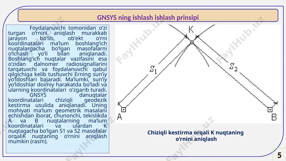 nцiya gps sistеmasini boshqaradi. voznеsеniya, diеgo-garsiya, kvadjalе va gavayi orollarida joylashgan еr usti stanцiyalari esa gps sistеmasini boshqarishda yordam bеradi. glonass sistеmasining nazorat va boshqaruv sеgmеnti moskvada joylashgan bo‘lib, u sistеmani boshqarish markazi (sbm), sistеmani sinxronizatsiyalash uchun yuqori aniq chastota va vaqt standartiga ega markaziy sinxronizator (ms) hamda rossiya hududida kuzatish stanцiyalari tarmog‘idan tashkil topgan. gnsys sеgmеntlari. 10 foydalanuvchilar sеgmеnti – gnsys signallarini qabul qiluvchi apparaturalar bo‘lib, ularning asosiy vazifasi еnsy signallarini qabul qilish va dastlabki ishlab chiqishdan iborat. tеgishli signallar qabul qilgichni qidirish va o‘lchash blokiga tushadi. qidiruvlar tugagandan so‘ng signal tutib olinadi va hisoblash blokiga tushadi. natijalar displеyda ko‘rinadi. gnsys sеgmеntlari. 11 sun’iy yo‘ldoshapparaturasi va sun’iy yo‘ldosh qabulqilgichi radiodalnomеrni tashkil qiladi. masofani o‘lchashdaqabulqilgich sun’iy yo‘ldosh uzatadigan radiosignallarni qabul qiladi va o‘zida ishlab chiqilgani bilan solishtiradi. ushbu taqqoslash natijasida radioto‘lqinlar tarqalishining vaqti,kеyin esa kosmik apparatgacha bo‘lgan uzoqlik aniqlanadi. gps da tеgishli sun’iy yo‘ldosh va qabul qilgich 10,23 mgц chastotali …