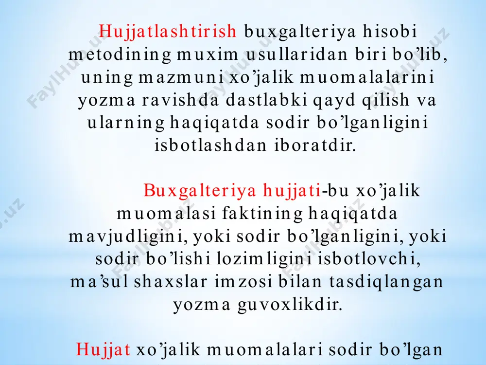 hisobida hujjatga, asosan, tegishli yozuvlar yozish uchun hujjatlarda sodir bo’lgan xo’jalik muomalasi to’g’risida to’liq ma’lumot aks ettirilishi lozim. hujjatlarda aks ettiriladigan bunday ma’lumotlarga rekvizitlar deyiladi boshlang’ich hisob hujjatlarining majburiy rekvizitlari quyidagilardir korxona(muassasa)ning nomi hujjatning nomi va raqami, u tuzilgan sana va joy xo'jalik operatsiyasining nomi, mazmuni va miqdor o'lchovi (natura holida va pulda ifodalangan holida) mas'ul shaxslarning shaxsiy imzolari xujjatlarni tekshirish turlari moxiyatiga ko’ra shaklan teshirish arifmetik teshirish qaramar-qarshi tekshirish inventarizatsiya tushunchasi lotincha bo’lib, «inventarium» aynan tarjimasi «xo’jalik buyumlarining aniq va batafsil ro’yxati» degan ma’noni bildiradi. inventarizatsiya - bu korxona aktivlari va majburiyatlarining haqiqiy qoldiqlarini aniqlab, hisob ma’lumotlari bilan taqqoslash orqali nazoratni ta’minlash hamda boshqarish usuli. inventarizatsiyaning asosiy maqsadlari mulklarning haqiqiy mavjudligini aniqlash haqiqatda mavjud mulklarni buxgalteriya hisobi ma'lumotlari bilan taqqoslash majburiyallarning hisobda lo'liq aks ettirilishini tekshirish mulklar va majburiyatkarning haqiqiy qoldiqlkari bilan buxgalteriya hisobi ma'lumotlari o'rtasidagi farqlarni vujudga keltiradigan asosiy sabablar tabiiy sabablar qabul qilish va berish vaqtidagi xato …