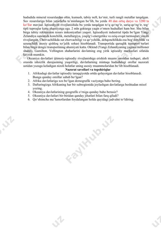 biy yarimsharning tropik va subtropik mintaqalarida joylashgan subregion turli tabiiy resurslarga (ayniqsa, mineral resurslarga) boy. janubiy afrika respublikasi nafaqat subregiondagi, balki qit’adagi iqtisodiy jihatdan eng rivojlangan davlat hisoblanadi. u jahon bozoriga turli mineral resurslarni yetkazib beruvchi davlatlardan biri. uning iqtisodiyotida konchilik sanoatidan tashqari, qayta ishlovchi tarmoqlar ham salmoqli miqdorda mahsulot tayyorlab beradi. subregionning boshqa davlatlari iqtisodiyotida qishloq xo‘jaligi muhim o‘rin tutadi. aholisi etnik jihatdan rang-barangligi bilan ajralib turadi. shu bilan birga jar aholisi milliy tarkibida yevropaliklarning salmog‘i ham yuqori. afrika katta miqdorda tabiiy, ijtimoiy, iqtisodiy resurs imkoniyatlariga ega. lekin, mintaqa davlatlarining ijtimoiy-iqtisodiy rivojlanish darajasi pastligi, aholisining milliy va diniy tarkibidagi o‘ziga xosliklar, uning turmush hamda savodxonlik darajasining past ko‘rsatkichlari, siyosiy mustaqillikka erishish davrida etnik xususiyatlar e’tiborga olinmagan holda milliy chegaralanishning amalga oshirilganligi kabi holatlar ko‘plab geosiyosiy muammolarning kelib chiqishiga sabab bo‘lmoqda. mavjud tabiiy resurslardan oqilona foydalanmaslik esa ekologik muammolarning (masalan, cho‘llashish muammosi) yuzaga kelishiga sabab bo‘lgan. okeaniya davlatlari okeaniya tinch …
