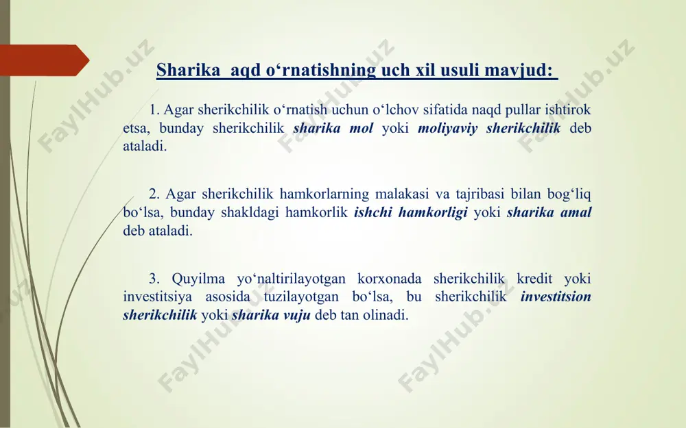 oluvchidan g‘alla hosili uchun suv talab etilayotgan bir vaqtda suvni chiqarib tashlash uchun kanal qazishni talab etish mumkin emas. agar shartnoma muddati tugasa-yu, hosil hali yig‘ishtirilmagan bo‘lsa, shartnoma hosil yig‘ilgunga qadar uzaytiriladi va ijarachi ijara to‘lovini davom ettiradi. qarzi hasan tamoyili islomiy moliyalashning mazkur vositasi malayziyada al-qarz ul-hasan, eronda – qarz al-hasan va pokistonda qarz-e-hasna deb nomlanadi. bu shunday xayriya krediti bo‘lib, qarz oluvchi kreditorga faqat qarzning asosiy summasini qaytaradi. lekin qarz oluvchi o‘z fikridan kelib chiqib qarz beruvchiga qarzning asosiy summasiga qo‘shimcha mukofot sifatidagi to‘lovni amalga oshirishi mumkin. bu shakldagi qarz shariat tomonidan ruxsat etilgan va foizsiz bo‘lib, u ijtimoiy va iqtisodiy adolatga erishish maqsadida joriy etilgan. islomiy banklar qarz berishning bunday usulini quyidagi hollarda taklif etishlari joiz : 1) bank kredit shartnomalari, odatda, mushoraka tamoyiliga ko‘ra tuzilsa va bu tamoyil mijozlarga emas, balki banklarning o‘ziga yuqori foiz daromad keltirishini taxmin qilinsa, bunday hollarda mana shu xizmat turidan foydalaniladi. …