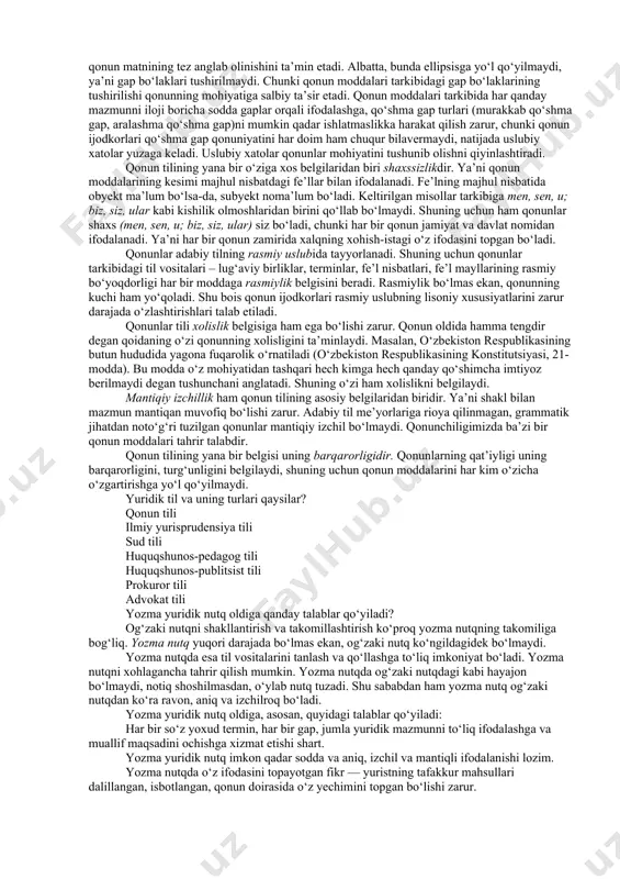 llash (leksik) me’yorlari; 2) talaffuz (orfoepik) me’yorlari; 3) so‘z va gaplarda urg‘uni qo‘llash me’yorlari; 4) fonetik me’yorlar; 5) grammatik (morfologik va sintaktik) me’yorlar; 6) so‘z yoki termin yasash me’yorlari; 7 )imloviy (orfografik) me’yorlar; 8) punktuatsion me’yorlar; 9) uslubiy me’yorlar; 10) grafik me’yorlar. adabiy til va uning me’yorlari haqidagi gaplar nutq madaniyati masalasiga bevosita borib taqaladi. nutq madaniyati adabiy tilning me’yorlarini puxta egallash va ulardan nutqda foydalanish layoqati darajasi demakdir. bu layoqat darajasi har kimda har xil namoyon bo‘ladi (uning kasb-kori, ma’lumoti, madaniyligi darajasiga qarab). nutq madaniyati keng tushuncha bo‘lib, shaxsning atrofdagilarga muomalasi, madaniyati ham, yozma va og‘zaki nutqining barcha ko‘rinishlari ham shu tushuncha doirasiga kiradi. nutq madaniyati yuqori bo‘lgan kishi, birinchidan, o‘z nutqini to‘g‘ri, adabiy til me’yorlariga muvofiq tuzadi, ikkinchidan, til vositalaridan eng muvofiq, eng ko‘rkamlarini tanlab olib, nutqining ham to‘g‘ri, ham jozibali bo‘lishiga erishadi. yuridik til deganda nimani tushunasiz? yuridik til adabiy tilning tarkibiy qismi, o‘ziga xos ko‘rinishga ega …