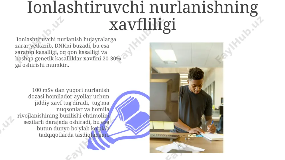 an yuqori, qisqa vaqt ichida o'limga olib kelishi mumkin, bu esa chernobyl yoki fukushima singari radiatsiya falokatlarida ko'rish mumkin. 100 msv dan ortiq nurlanish dozasi qabul qilinganda, ko'ngil aynishi, qusish va bosh aylanishi kabi o'tkir nurlanish kasalligi alomatlari paydo bo'lishi mumkin, bu alomatlarning zo'ravonligi dozaga bog'liq. radioaktiv chiqindilarni zararsizlantirish va yo'q qilish radioaktiv chiqindilarni 1000 kyuridan ortiq faollikka ega bo'lgan zararsizlantirish jarayoni maxsus litsenziyalangan "atomenergiya" korxonasi tomonidan toshkent viloyatida joylashgan maxsus inshootlarda amalga oshiriladi. uzbekistanning navoiy viloyatidagi "navoiy kon-metallurgiya kombinati"da yiliga 5000 tonnagacha past darajadagi radioaktiv chiqindilarni zararsizlantirish va xavfsiz saqlash uchun maxsus texnologiyalar va qurilmalar mavjud. radiatsion xavfsizlik bo'yicha ko'rsatmalar ishchilarning radiatsiyadan himoya vositalaridan (qalpoqcha, fartux, qo'lqop) foydalanishi va 5 msv dan oshmasligi kerak bo'lgan dozani har yili monitoring qilish zarur. andijon viloyatidagi radiatsion manbalar bilan ishlashda 3-toifa radiatsiya xavfsizligi bo'yicha maxsus tayyorgarlikdan o'tgan mutaxassislar ishtirok etishi shart. ionlashtiruvchi nurlanish manbalari bilan ishlashda sanitariya qoidalari 01 02 radioaktiv moddalar …