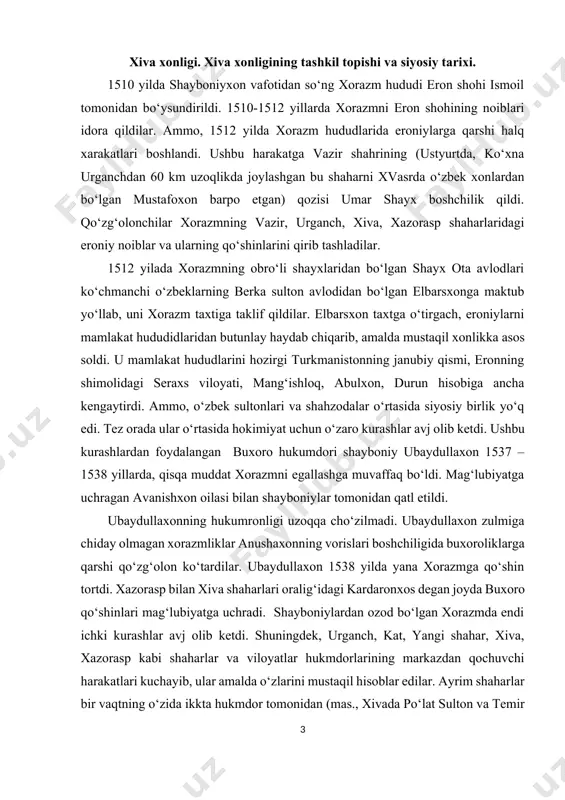 idagi kardaronxos degan joyda buxoro qo‘shinlari mag‘lubiyatga uchradi. shayboniylardan ozod bo‘lgan xorazmda endi ichki kurashlar avj olib ketdi. shuningdek, urganch, kat, yangi shahar, xiva, xazorasp kabi shaharlar va viloyatlar hukmdorlarining markazdan qochuvchi harakatlari kuchayib, ular amalda o‘zlarini mustaqil hisoblar edilar. ayrim shaharlar bir vaqtning o‘zida ikkta hukmdor tomonidan (mas., xivada po‘lat sulton va temir sulton) boshqarildi. o‘zaro kurashlar ayniqsa elbarsxon va anushaxon avlodlari o‘rtasida kuchayib ketdi. xvi asrda abdulg‘oziy ma’lumotlariga ko‘ra, bunday kurashlar natijasida qisqa muddatga hokimiyatdan o‘nlab xonlar almashganlar. natijada markaziy hokimiyat deyarli inqirozga uchragan edi. o‘zaro kurashlar va siyosiy tanglik, o‘z navbatida iqtisodiy hayotning ham izdan chiqishiga sabab bo‘lgan edi. xvi asrning ikkinchi yarmida xojimxon (xoji muhammadxon, 1558-1593, 1598-1602 yy.) hukmronligi davrida xorazmdagi o‘zaro urushlarga biroz barham berilib tinchlik va osoyishtalik o‘rnatildi. sug‘orish va dehqonchilik, hunarmandchilik va savdo sodiq ishlariga jiddiy e’tibor qaratilib, tashqi savdo hamda munosabatlar rivoj topdi. xojimxon hukmronligi davrida poytaxt urganchdan xivaga ko‘chiriladi (ayrim manbalarda …