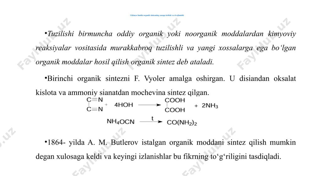 mir va slanesdir. fizik-kimyoviy qayta ishlash (kreking, riforming, konversiya, piroliz, kokslash, xaydash, rektifikasiya, absorbsiya-desorbsiyalash) natijasida boshlangich moddalar xisoblangan beshta gurux olinadi: parafin uglevodlar (ch4 dan c15 – c40 gacha) olefinlar (c2h2, c3h6, c4h9) asetilen uglerod oksidi va sintez-gaz aromatik birikmalar (benzol, toluol, naftolin va boshk.) bu beshta gurux moddalaridan minglab boshqa birikmalar olinadi. bundan tashkari organik sintez uchun noorganik moddalar xam qo’llanadi: kislotalar, ishqor, soda, xlor, ftor va boshq. organik sintezning asosiy obyekti bu yuqoridagi beshta guruxni birlamchi q ayta ishlashdir. olingan mahsulotalar ikkilamchi va boshqa bosqichlarga yuboriladi. boshlangich mahsulot i yarim mahsulot ii tayyor mahsulot. masalan, neftdan olingan benzol yaxshi erituvchi xamda fenol, stirol, nitrobenzol, anilin, moleinangidrid, monosulfokislota va boshqalar olishda hom ashyo xisoblanadi. yarim va tayyor mahsulot sifatida portlovchi modda, lak-bo’yoq, farmasevtik preparatlar olishda ishlatiladi. organik moddalarni sintez qilishda tipik reaksiyalardan foydalaniladi: oksidlanish va qaytarilish, gidrogenlash, degidrogenlish, gidratasiya, degidratasiya, gidroliz, alkillash, kondensasiya, eterifikasiya, polimerizasiya, nitrolash, sulfolash, galogenlash va …
